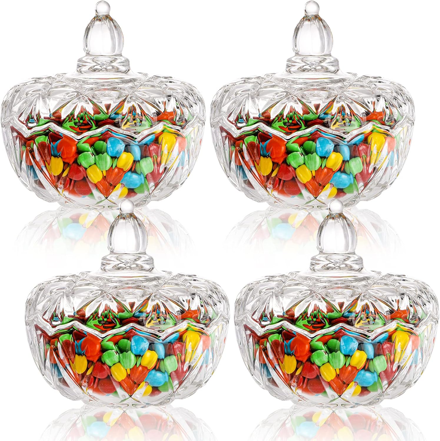 Youeon Juego de 4 platos de cristal para dulces con tapa, cuenco decorativo para dulces de 6.2 pulgadas, tarro de caramelo de cristal, tarro de