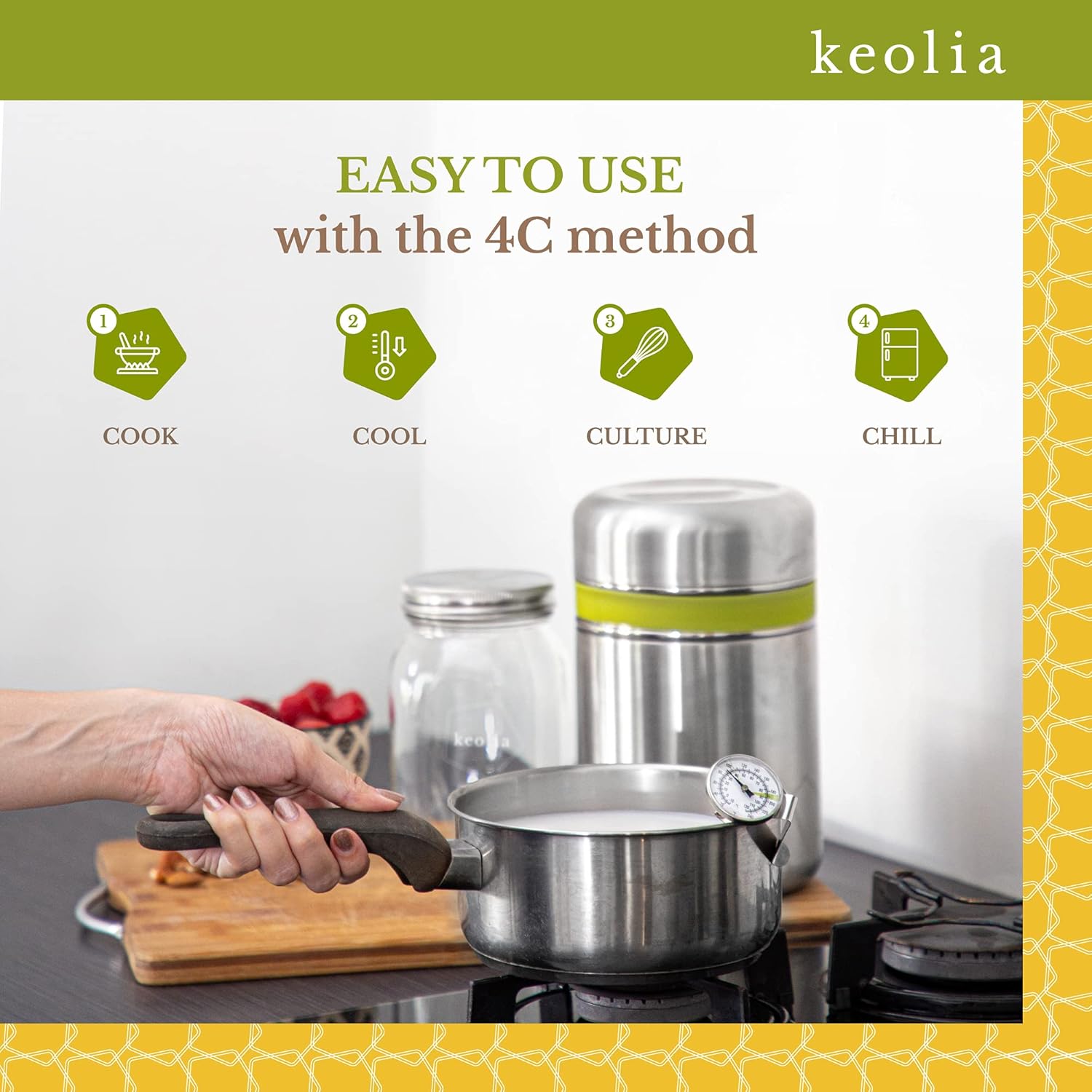 Keolia Máquina para hacer yogur, tarros de vidrio para yogur de 1 cuarto de galón con libro de recetas y accesorios para hacer yogur, cultura de
