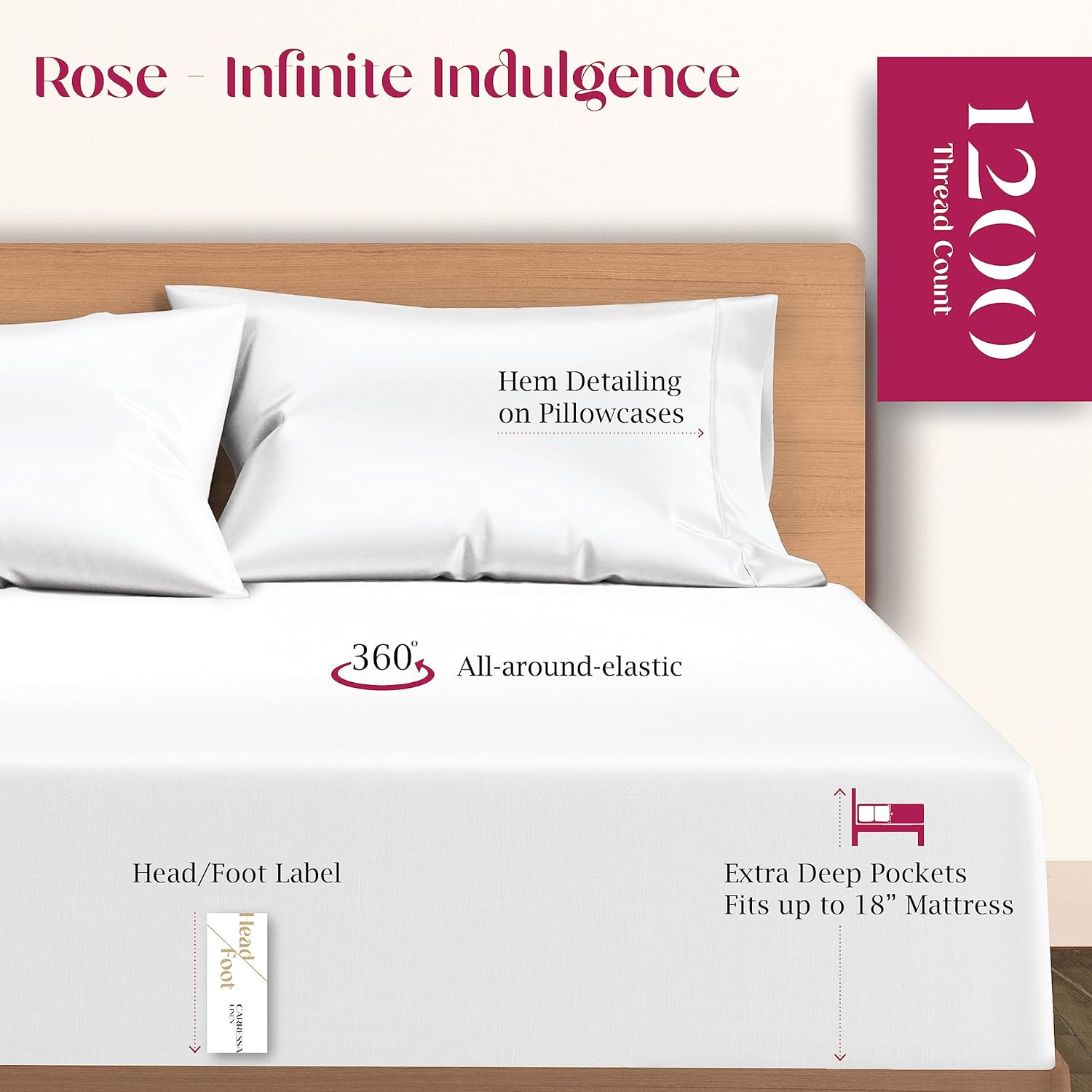 Carressa Linen Sábanas de lujo 100% algodón Supima, sábanas de algodón premium de 1200 hilos para cama tamaño Queen, juego de sábanas blancas de 4