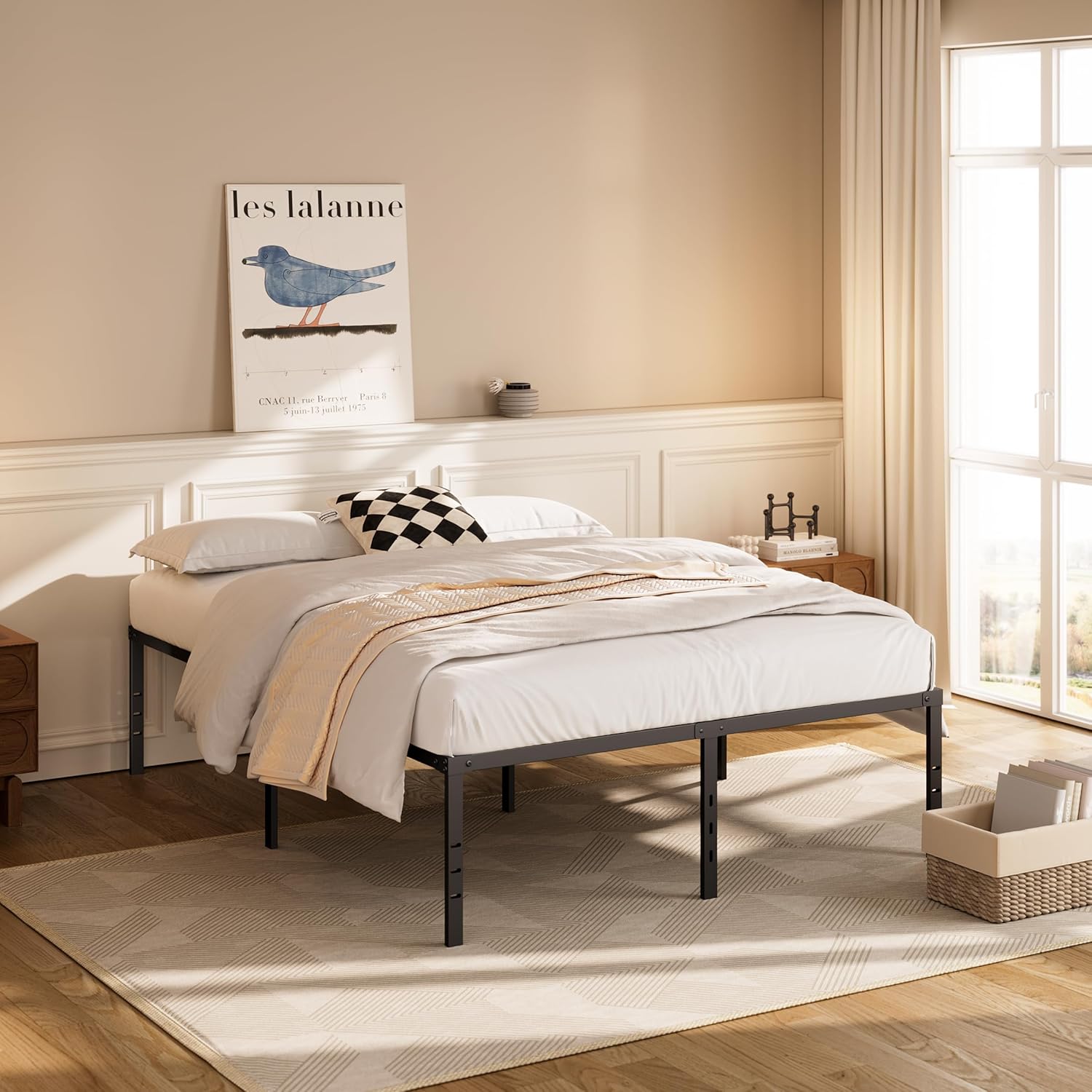 Marco de cama de 18 pulgadas de alto, tamaño Queen, soporte de acero resistente, 2500 libras, marco de cama Queen de metal, no necesita somier,