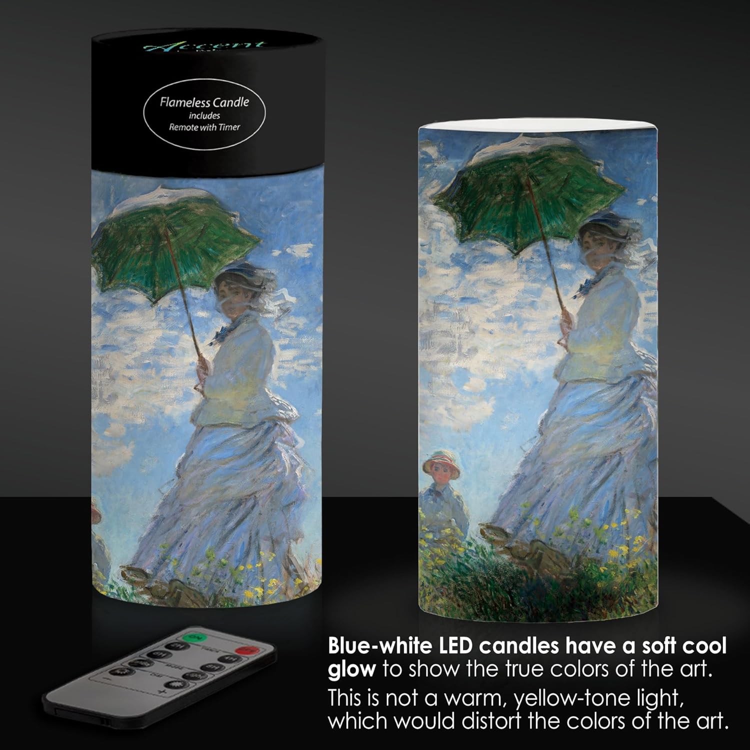 RainCaper Luz LED parpadeante sin llama de 6 pulgadas de cera de pilar  Artist Monet  Mujer con sombrilla  Funciona con pilas  Control remoto con