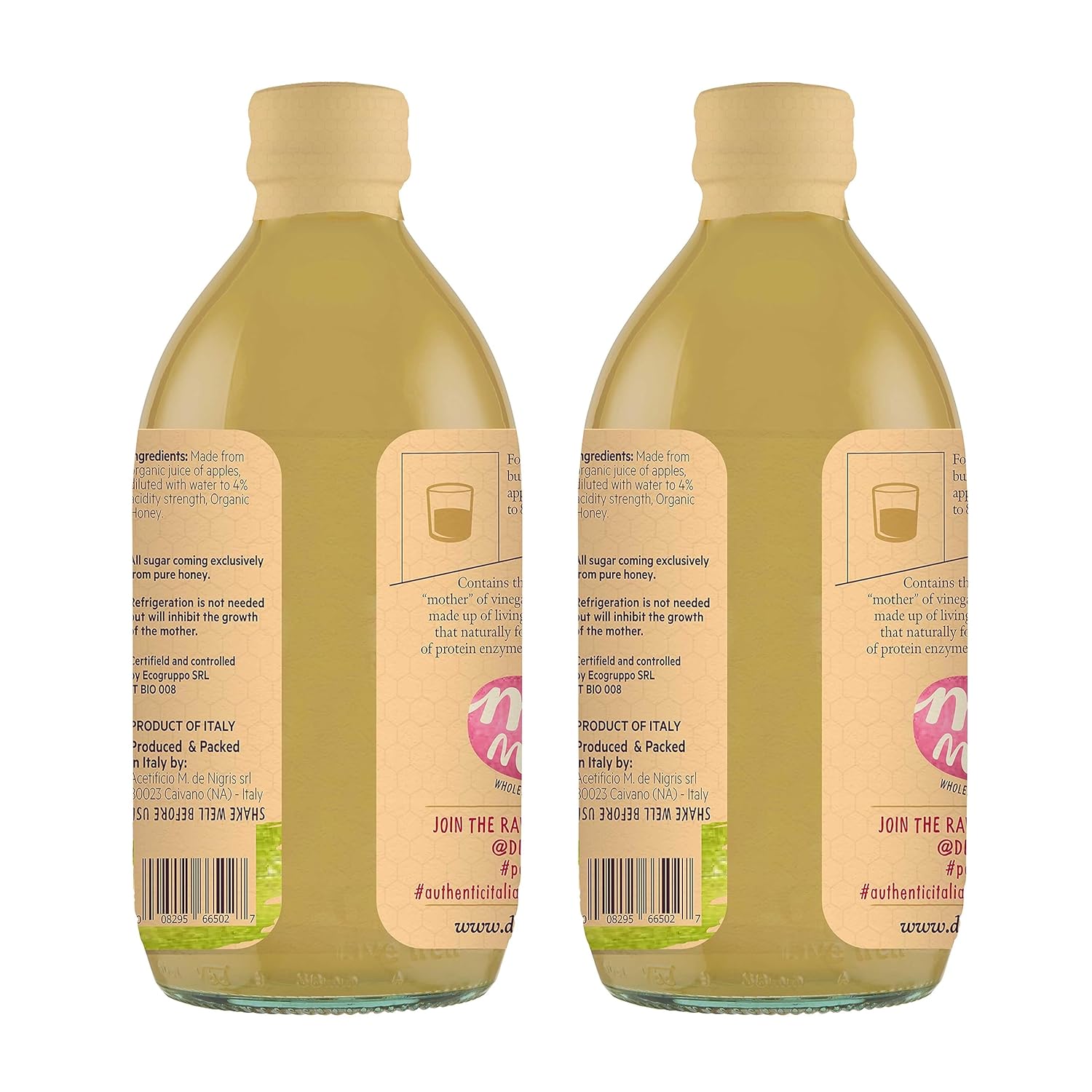 De Nigris Vinagre de sidra de manzana orgánico con miel y cúrcuma, crudo y sin filtrar 16,9 onzas (paquete de 2)  Vinagre de sidra de manzana con