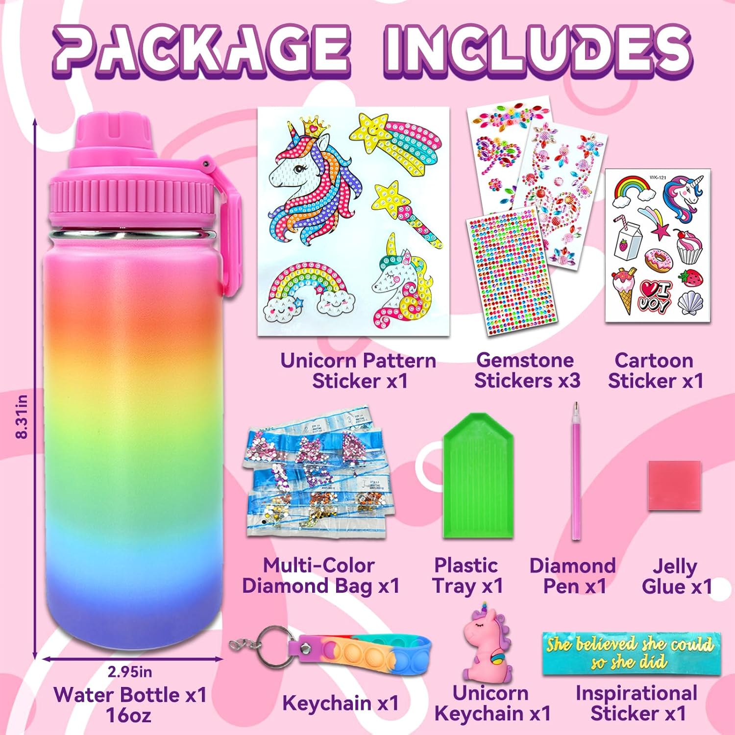 7july Decora tus propios kits de botellas de agua para niñas de 4 a 6 a 8 a 10 años (acero inoxidable), manualidades de pintura de diamantes con
