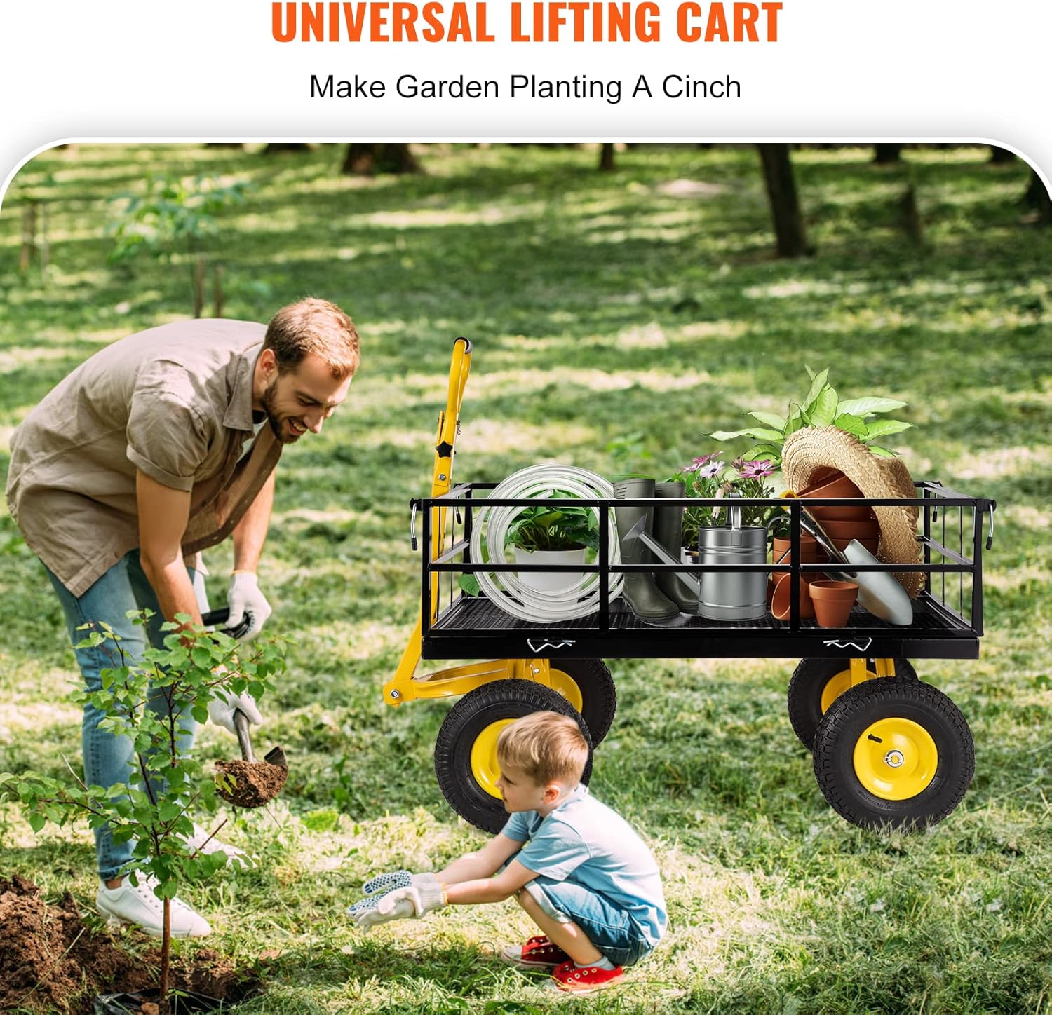 VEVOR Carrito de jardín de acero, resistente capacidad de 1200 libras, con lados de malla extraíbles para convertir en plataforma plana, carro de
