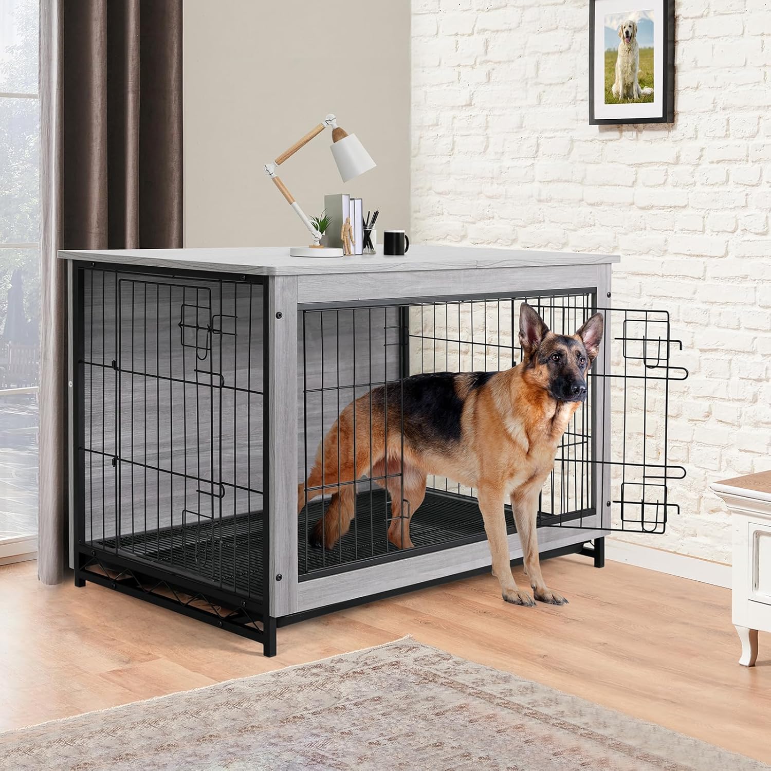 TLSUNNY Muebles de jaula para perros, mesa de madera de 44.1 pulgadas, perrera de interior con 2 puertas, moderna jaula para perros con bandeja