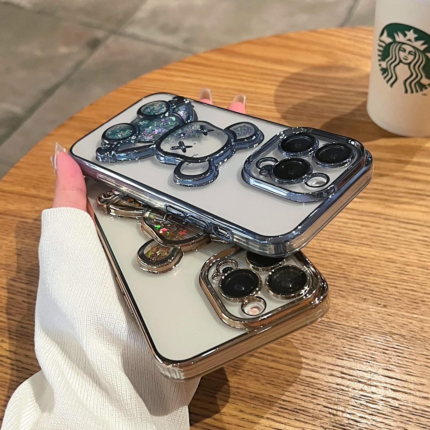 MANLENO Funda galvanizada con diseño de oso 3D para iPhone 15 Pro Max para mujer, funda protectora de cuerpo completo con purpurina flotante y