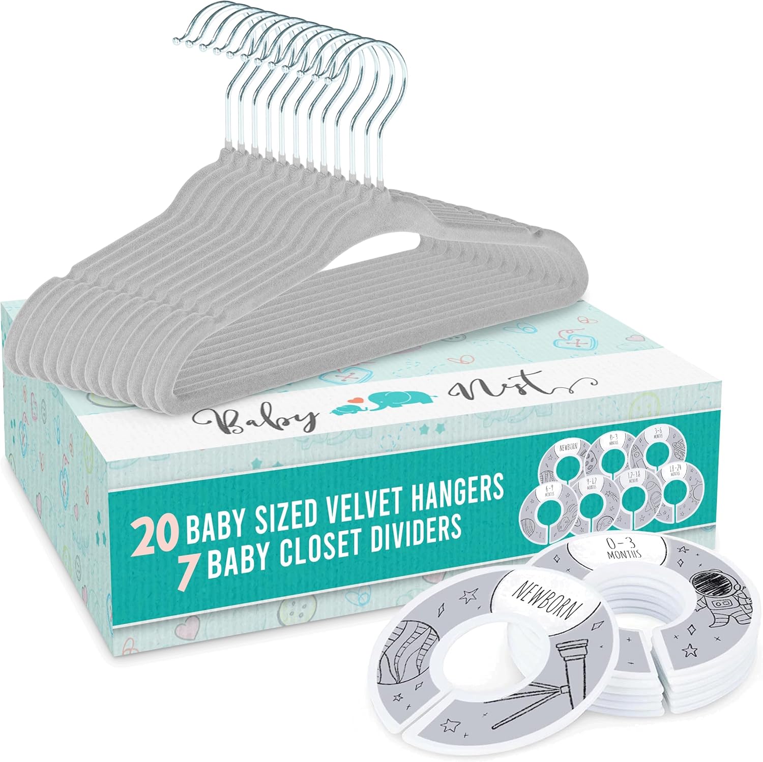 Baby Nest Designs 20 ganchos para bebé para armario con 7 divisores de armario de bebé para guardería, perchas de terciopelo para ropa de bebé,
