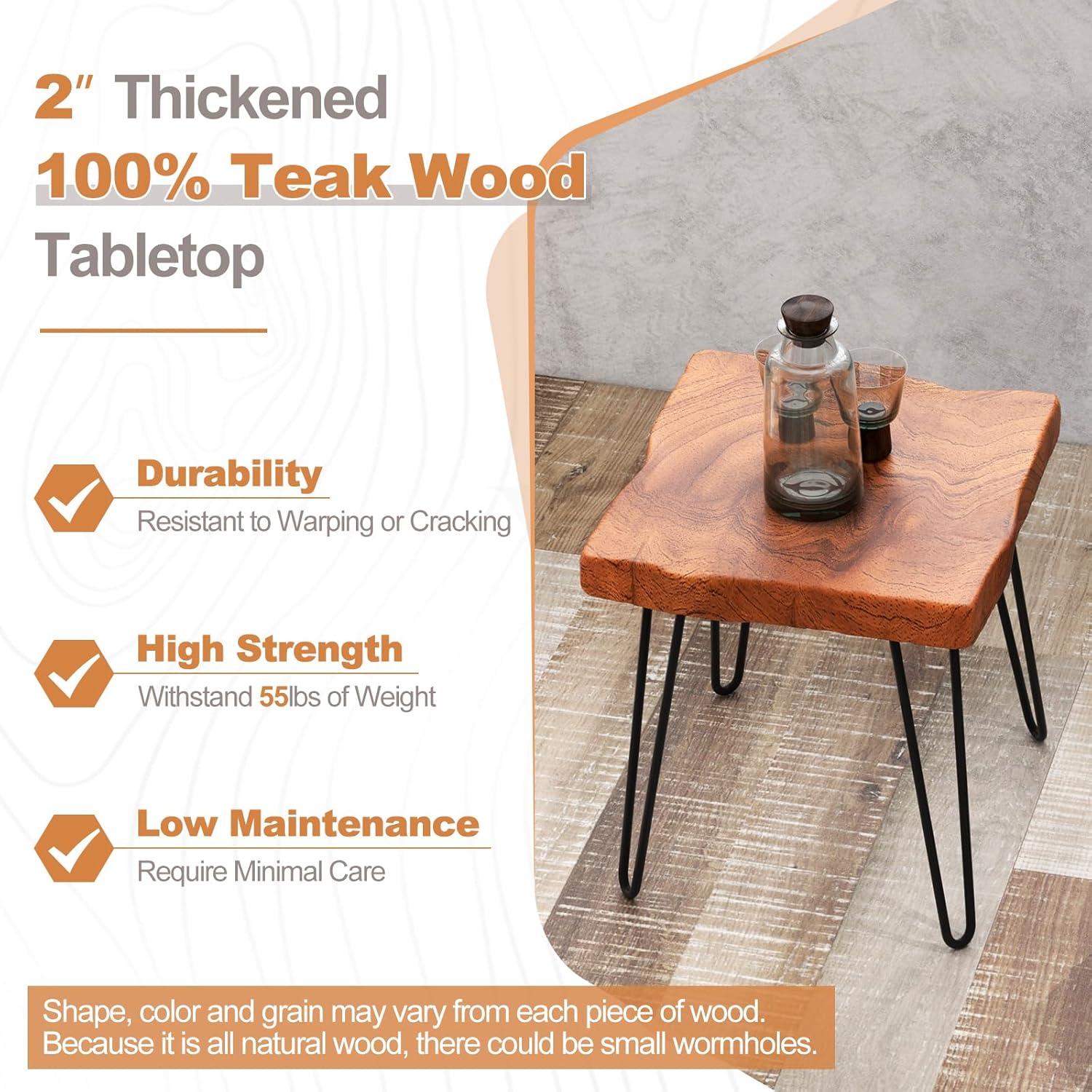 Giantex Mesa auxiliar de madera de teca, mesa auxiliar sólida con borde vivo para exteriores con grano natural y patas de metal resistente, soporte
