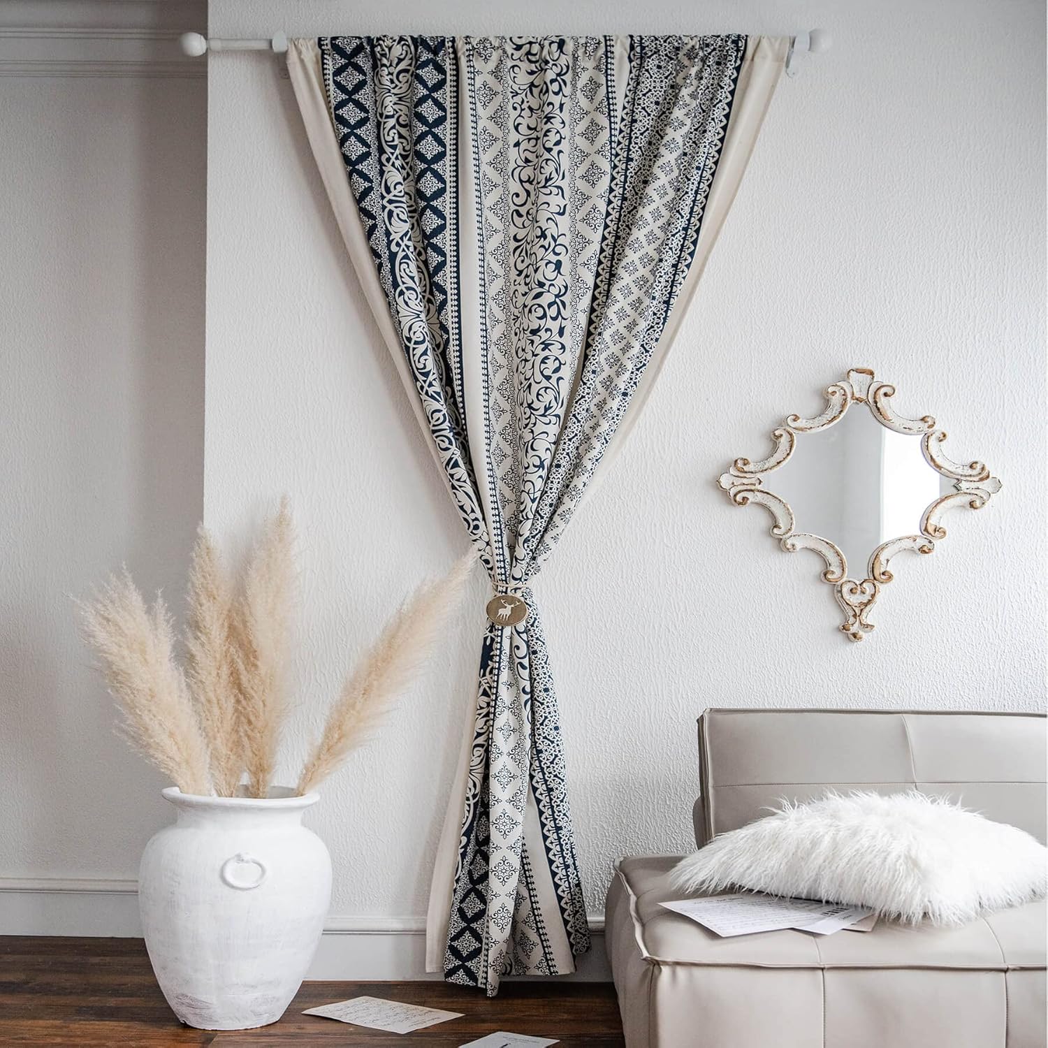 VOGOL Cortinas bohemias con estampado geométrico, 59 x 63 pulgadas, filtrado de luz, lino y algodón, cortinas decorativas para ventana para sala de