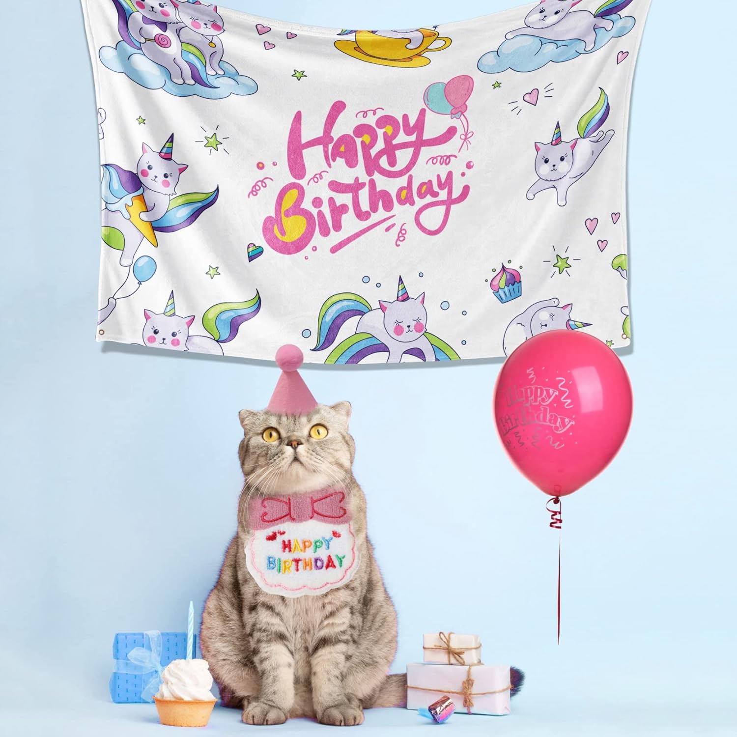 ManRule Suministros para fiesta de cumpleaños de gato, sombrero de gato, bandana de gato, telón de fondo de cumpleaños de gato decoraciones de