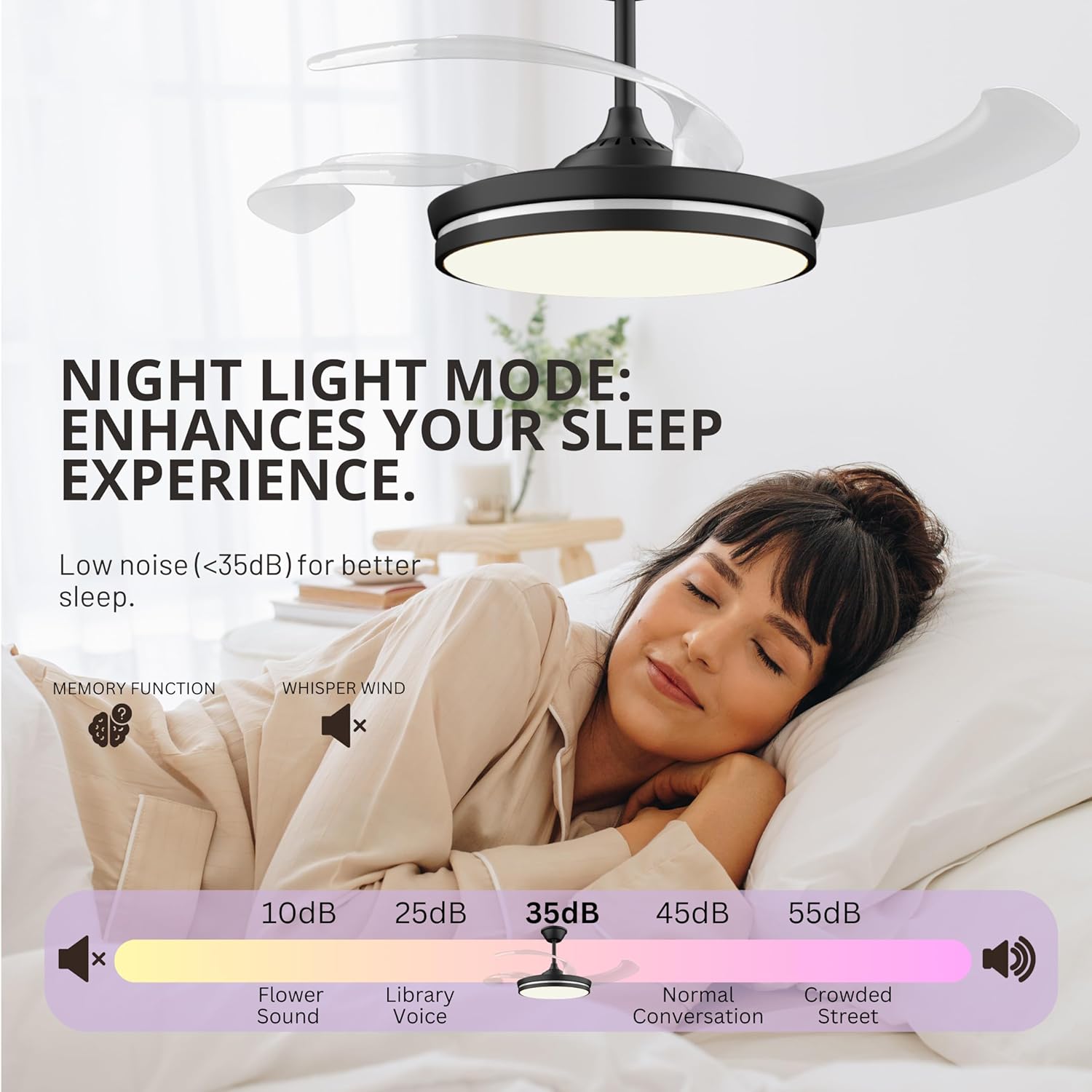 Ventilador de techo retráctil con luces, ventilador de techo retráctil de 42 pulgadas con luz LED y control remoto, motor silencioso de cuchillas