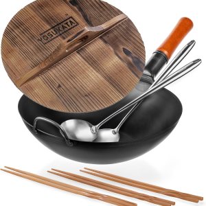 YOSUKATA Sartén para wok de acero al carbono, 13,5 pulgadas con espátula y cucharón de 17 pulgadas con cubierta de wok de hierro fundido, cubierta YOSUKATA Sartén para wok de acero al carbono, 13,5 pulgadas con espátula y cucharón de 17 pulgadas con cubierta de wok de hierro fundido, cubierta