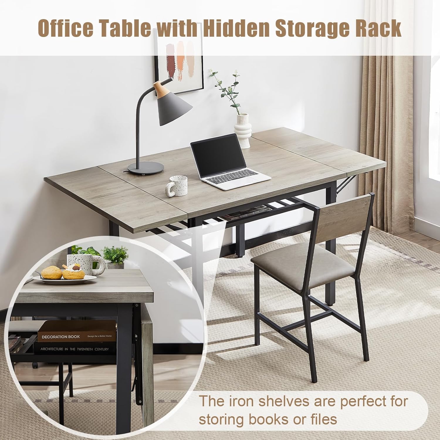 Mesa de comedor plegable de madera de 63 pulgadas para 2-6 escritorio de cocina extensible moderno que ahorra espacio, color gris