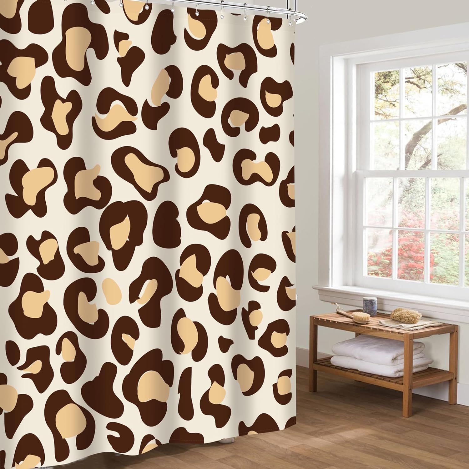 Riyidecor Cortina de ducha con estampado de leopardo marrón, diseño abstracto de dibujos animados, guepardo, animal, moderno, simple, minimalista,