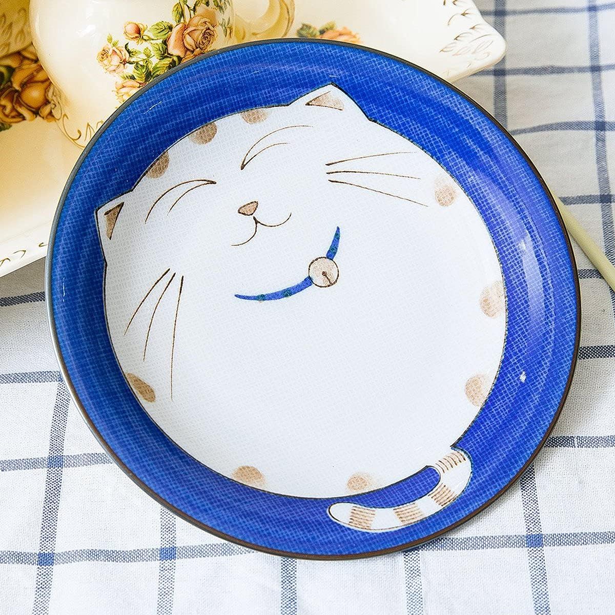 JapanBargain Juego de 4 platos redondos japoneses de porcelana para aperitivos de postre, pastel, aperitivos, Maneki Neko, diseño de gato sonriente