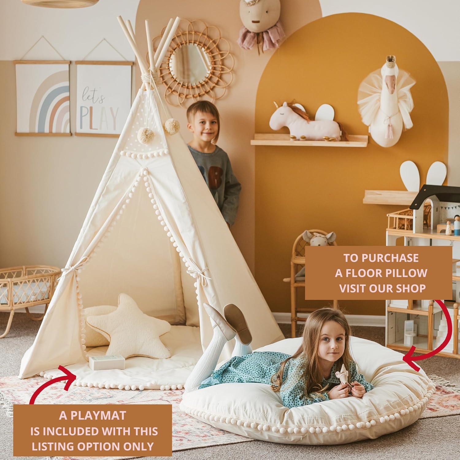 MINICAMP Tienda de campaña tipi original para niños, hecha a mano de lona natural y casa de juegos de madera para niños y niños, tienda de campaña