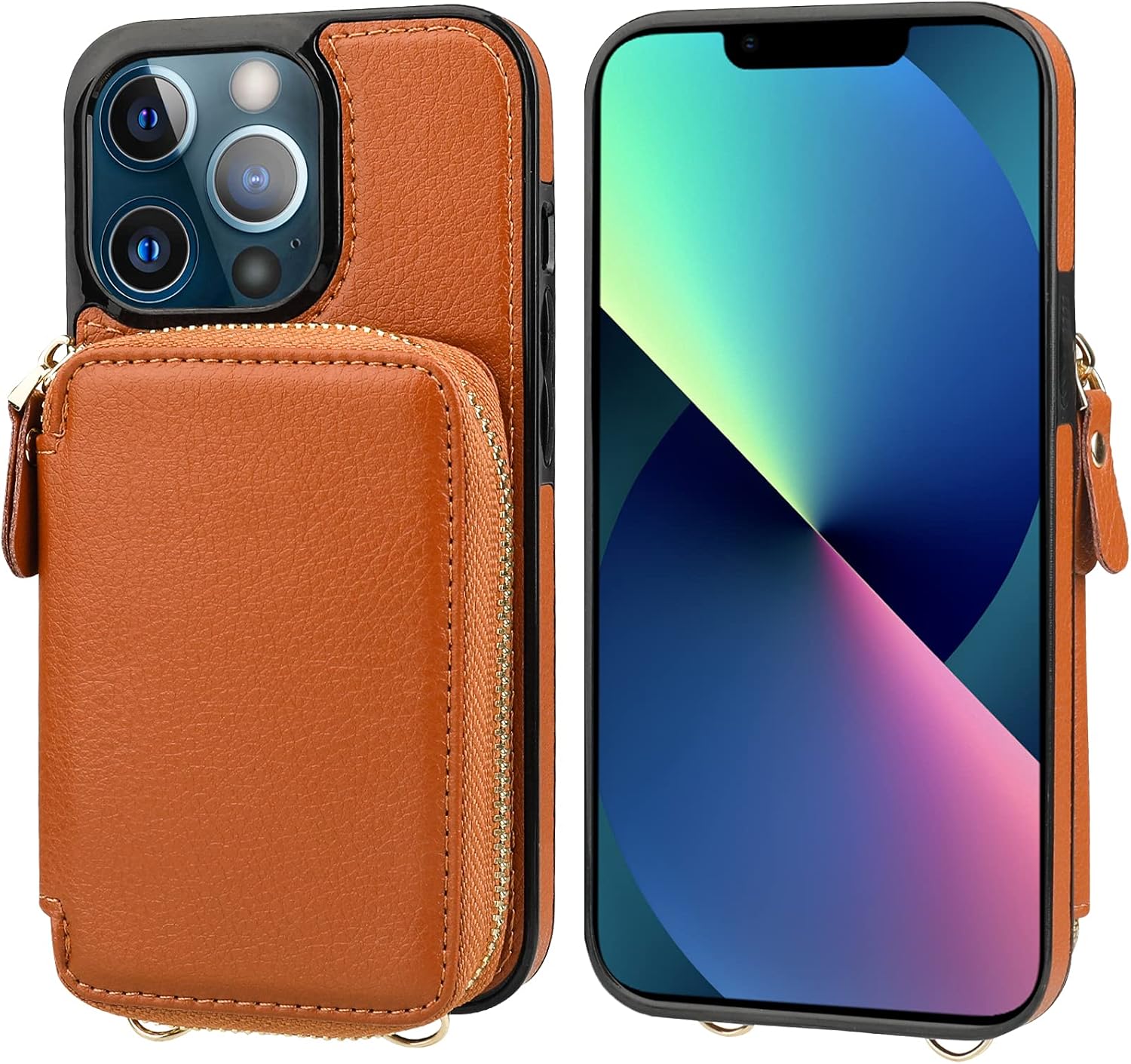 Bocasal Funda tipo cartera con bloqueo RFID para iPhone 13 Pro, funda cruzada ajustable con cremallera, tarjetero con función atril y correa de
