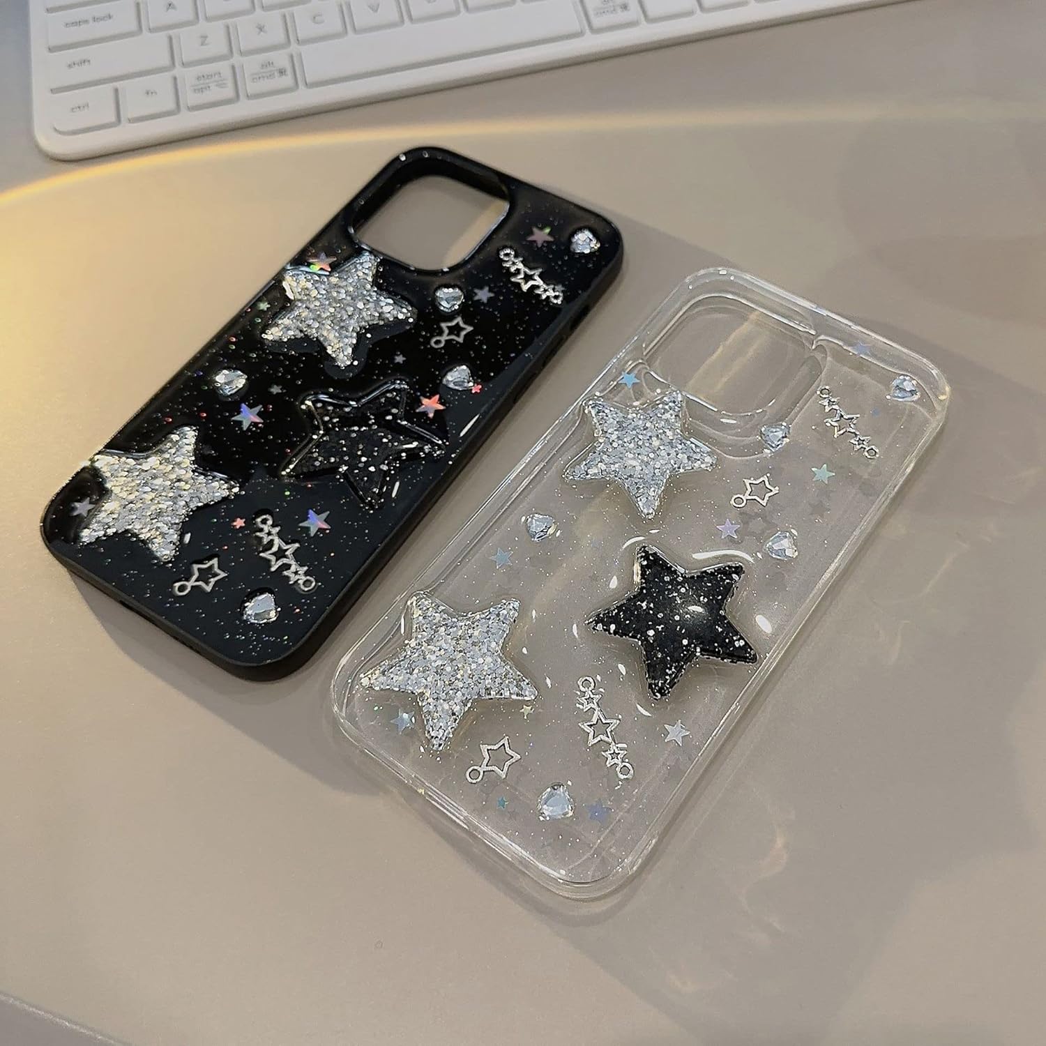 Funda para iPhone 14 con diseño de estrellas 3D con corazones brillantes y diamantes con purpurina Y2K Spark de lujo, diseño femenino estético