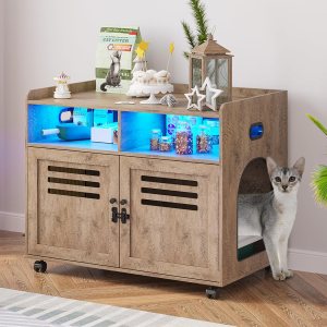 FOMNEY Caja de arena para gatos, mueble oculto con cuerpo humano, 3 luces LED de color, jaula para gatos con 2 cajones abiertos y 1 puerto USB, casa FOMNEY Caja de arena para gatos, mueble oculto con cuerpo humano, 3 luces LED de color, jaula para gatos con 2 cajones abiertos y 1 puerto USB, casa