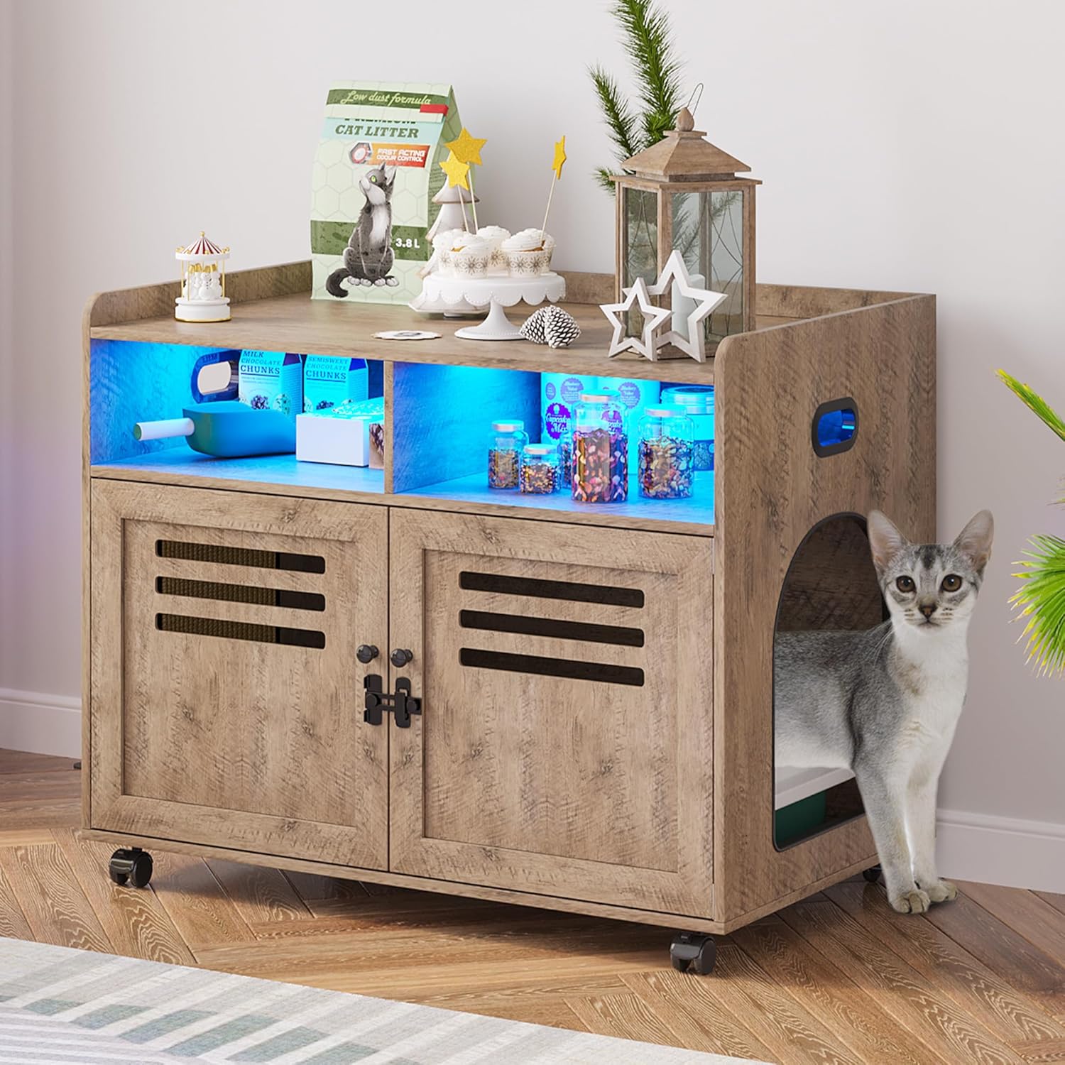 FOMNEY Caja de arena para gatos, mueble oculto con cuerpo humano, 3 luces LED de color, jaula para gatos con 2 cajones abiertos y 1 puerto USB, casa