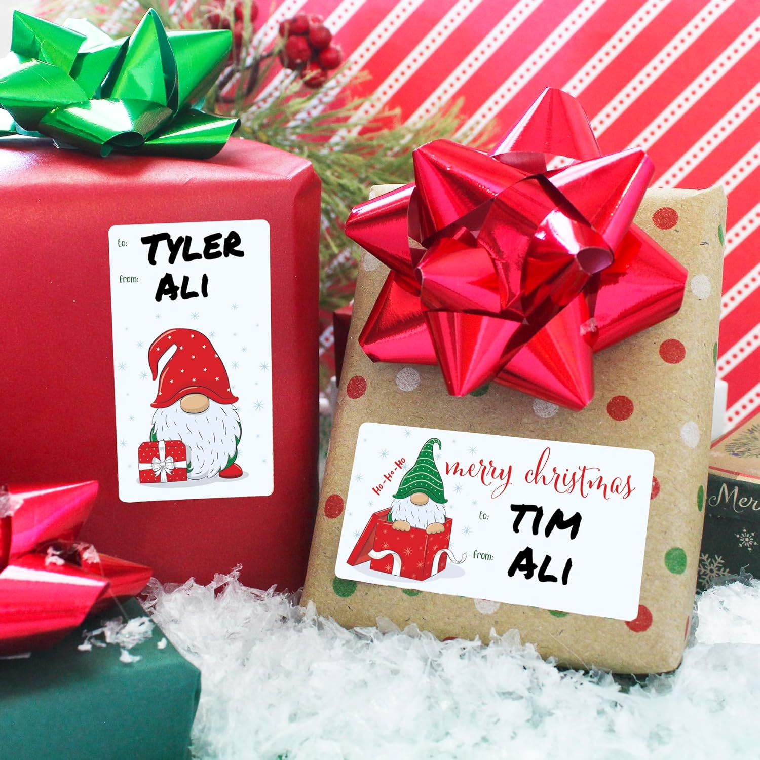 Etiquetas adhesivas de regalo de gnomo de Navidad, 75 etiquetas, etiquetas de regalo de gnomo de jardín rojo y verde, calcomanías de caja de regalo