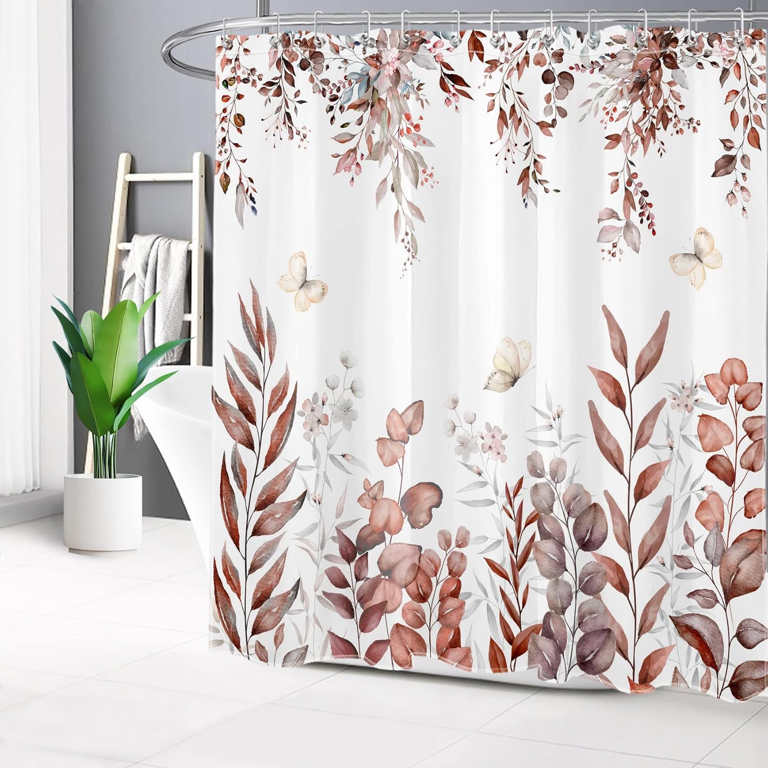 LB Fall Leaves Shower Curtain Watercolor Eucalyptus Leaf Butterfly Bathroom Shower Curtain Nature Autumn Plant Bathroom Curtain with Hook 72×72 Inch
