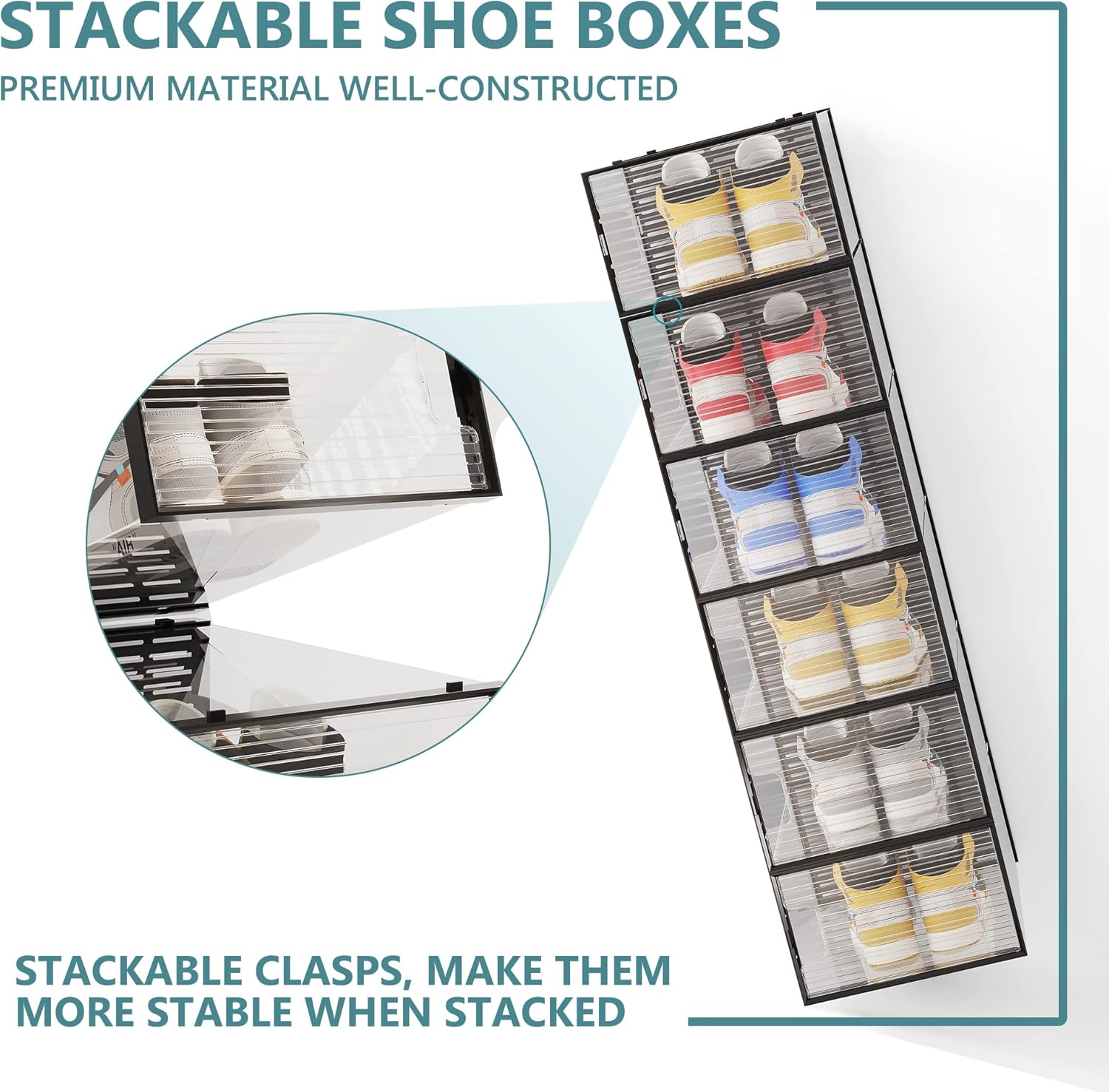 WAYTRIM Cajas de zapatos apilables, organizador de zapatos apilable de plástico transparente para armario, ahorro de espacio, contenedores plegables