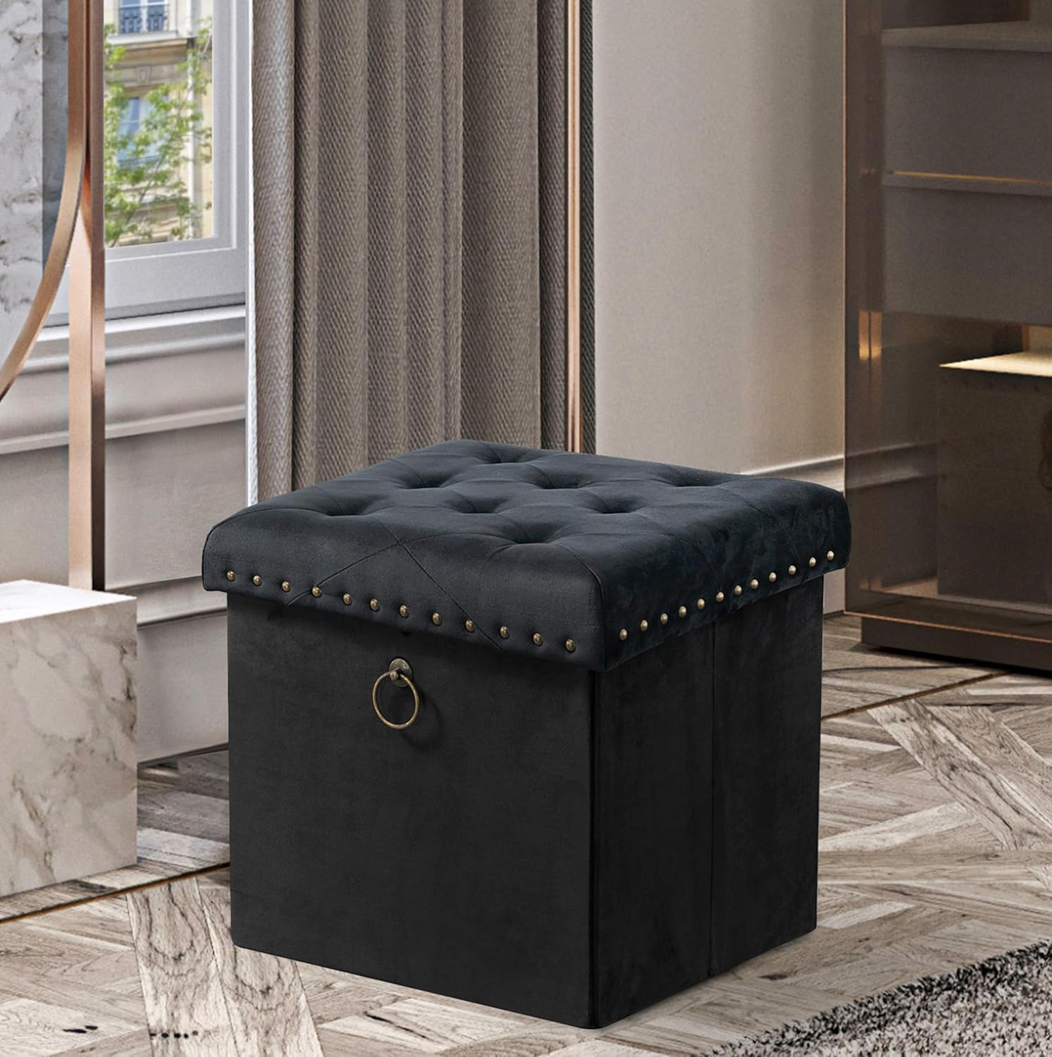 Chic Home Sassy Storage – Otomano tapizado de terciopelo con acabado de latón antiguo y anillo copetudo, parte superior extraíble con compartimento