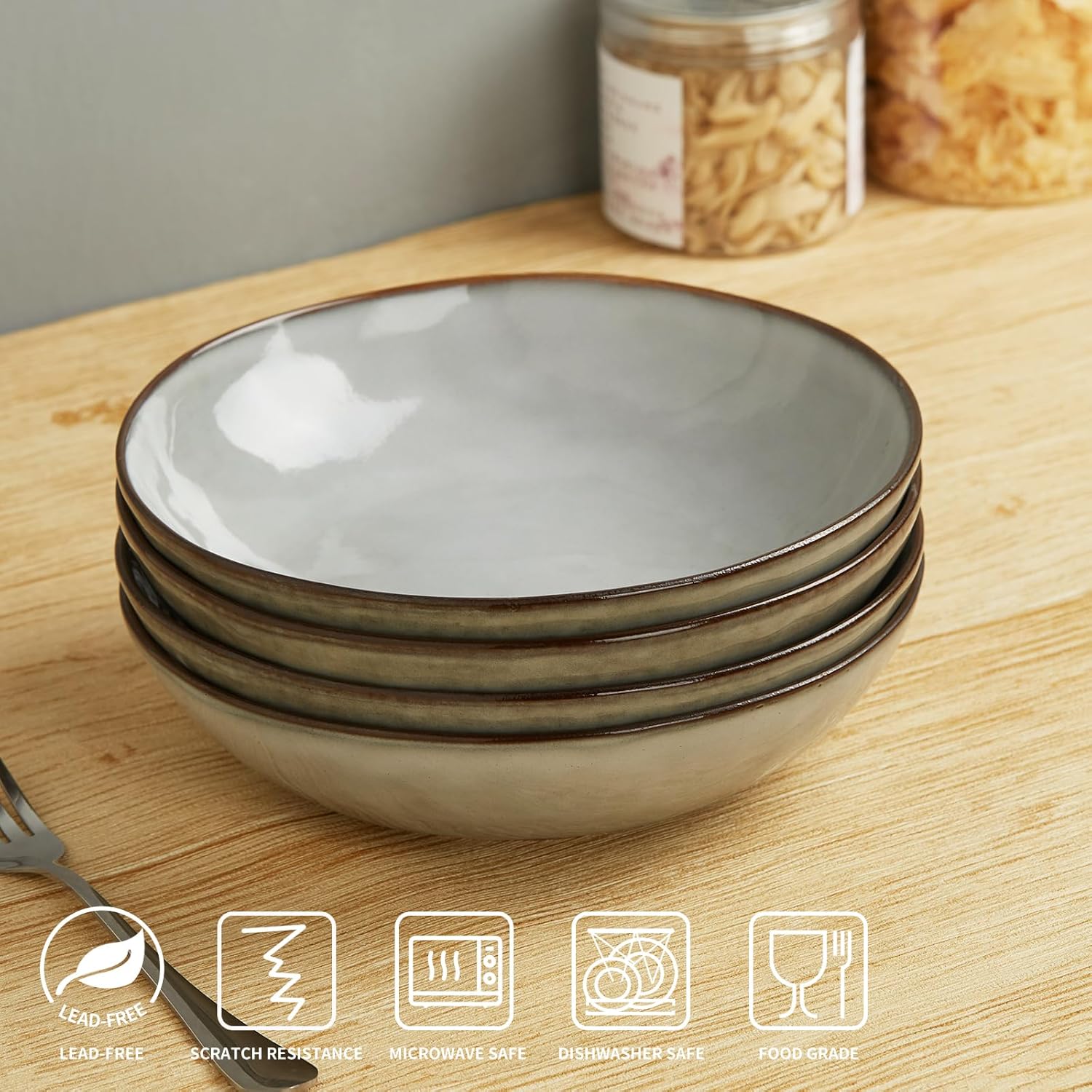 famiware Juego de 4 cuencos grandes para pasta, redondos estilo océano de 8.5 pulgadas, cuencos grandes para pasta, aptos para microondas y