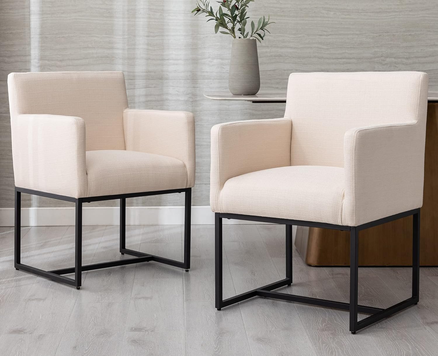 VESCASA Juego de 2 sillas de comedor tapizadas de lino con brazos, modernas sillas de cocina acolchadas de mediados de siglo con marco de metal