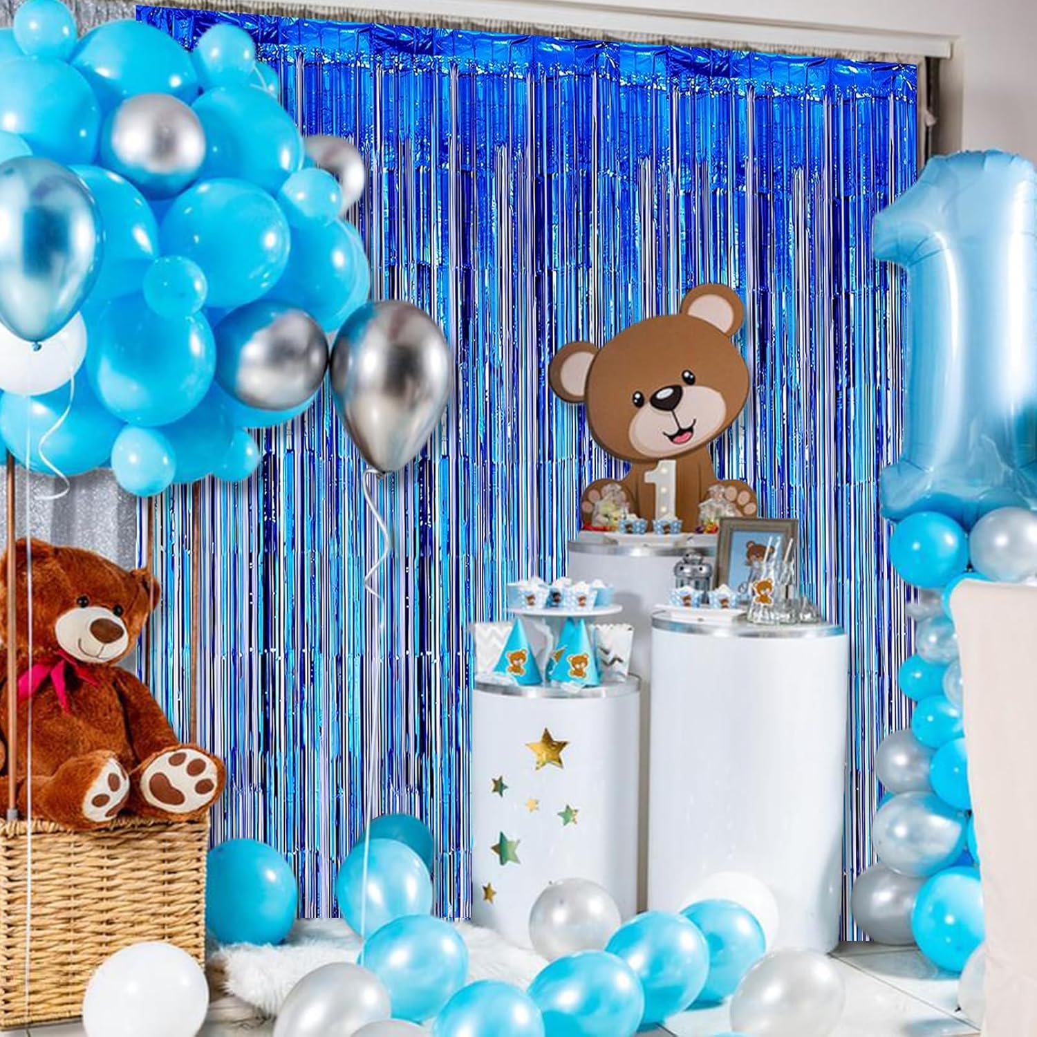 AIBIIN 2 cortinas de papel de aluminio de 3.3 x 6.6 pies, cortinas de flecos metálicos azules de oropel de papel de aluminio de pequeño príncipe,