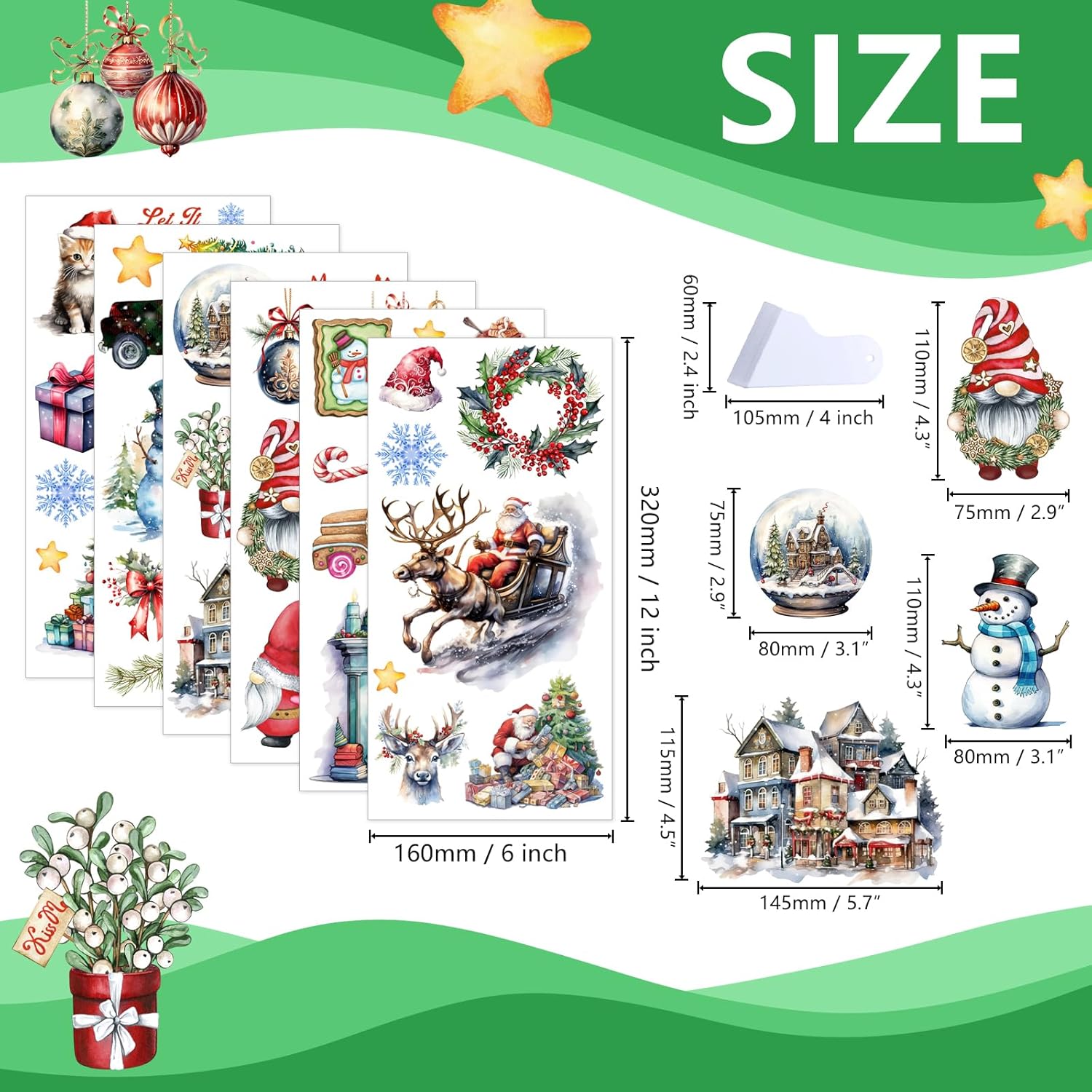 6 hojas de transferencia de Navidad para muebles de manualidades, 6 x 12 pulgadas, calcomanías vintage de transferencia para árbol de Navidad,