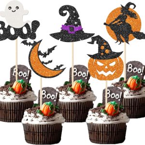 Rsstarxi Paquete de 30 adornos para cupcakes de fantasmas de Halloween con brillantina, murciélago, calabaza, fantasma, bruja, Halloween, cupcakes, Rsstarxi Paquete de 30 adornos para cupcakes de fantasmas de Halloween con brillantina, murciélago, calabaza, fantasma, bruja, Halloween, cupcakes,