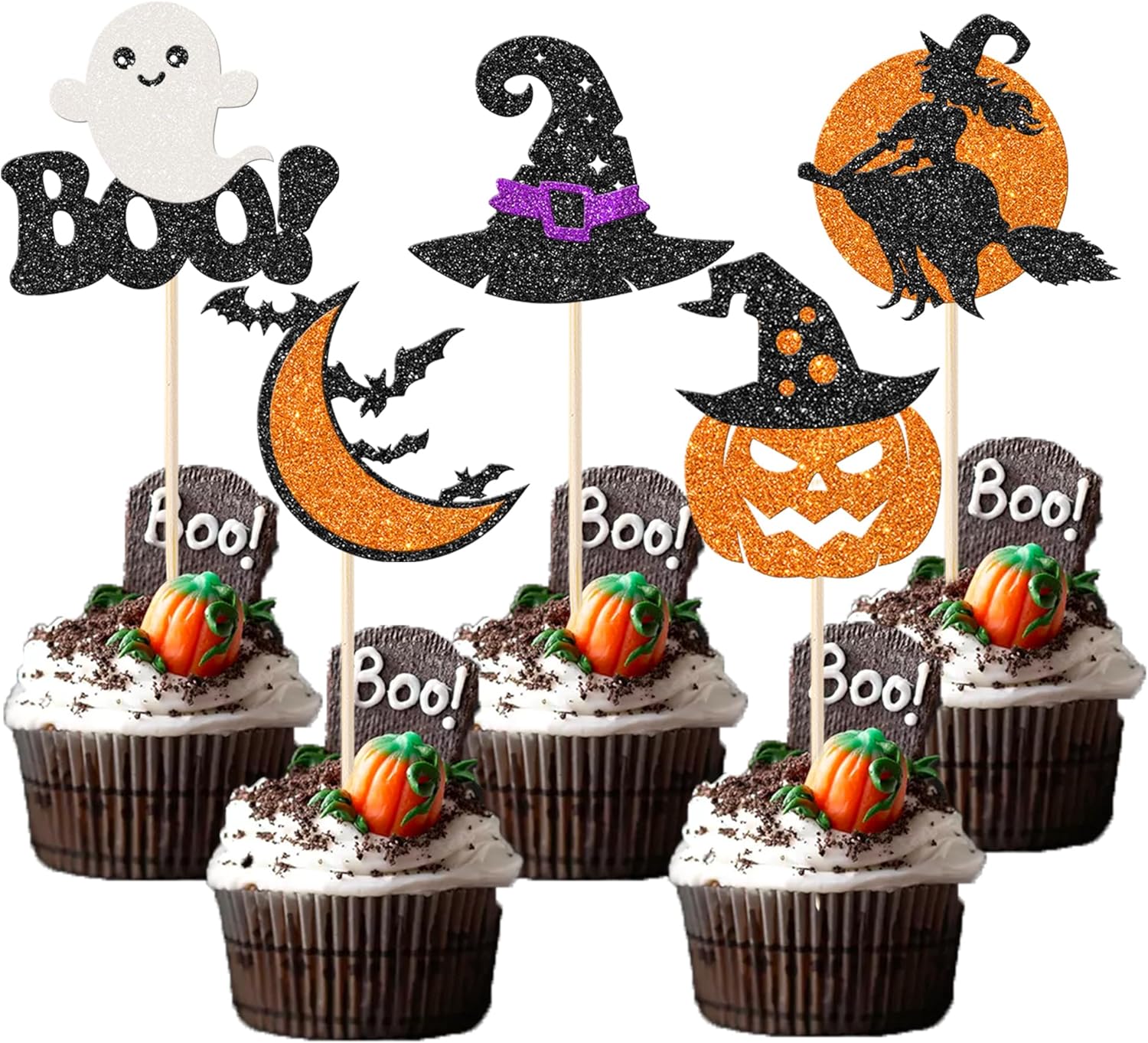 Rsstarxi Paquete de 30 adornos para cupcakes de fantasmas de Halloween con brillantina, murciélago, calabaza, fantasma, bruja, Halloween, cupcakes,