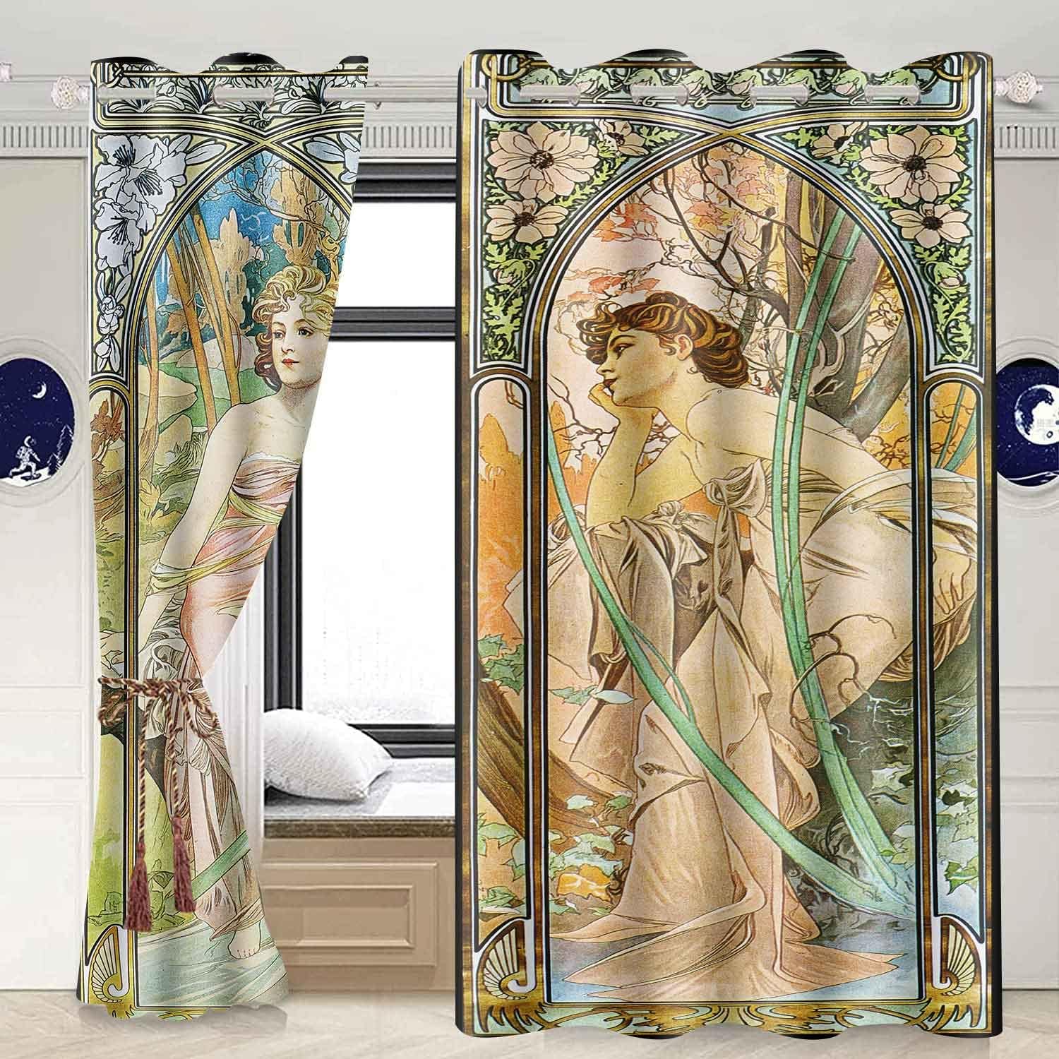MIZSYE Cortinas opacas Art Nouveau para mujer, serie de temporada de primavera y otoño, estilo pintura al óleo, estilo de mediados de siglo,