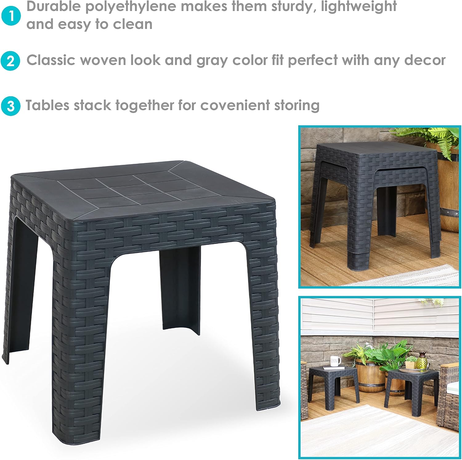 Sunnydaze Mesa auxiliar cuadrada de plástico para interiores y exteriores de 18 pulgadas, juego de 4, color gris
