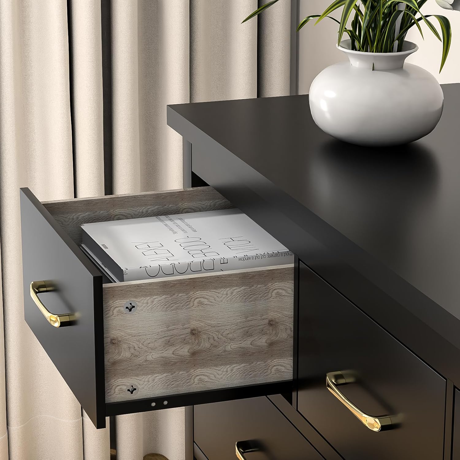 Tradare Cómoda negra para dormitorio, cómoda de 7 cajones con asas Dold, baúl de almacenamiento de madera, cómoda moderna para dormitorio