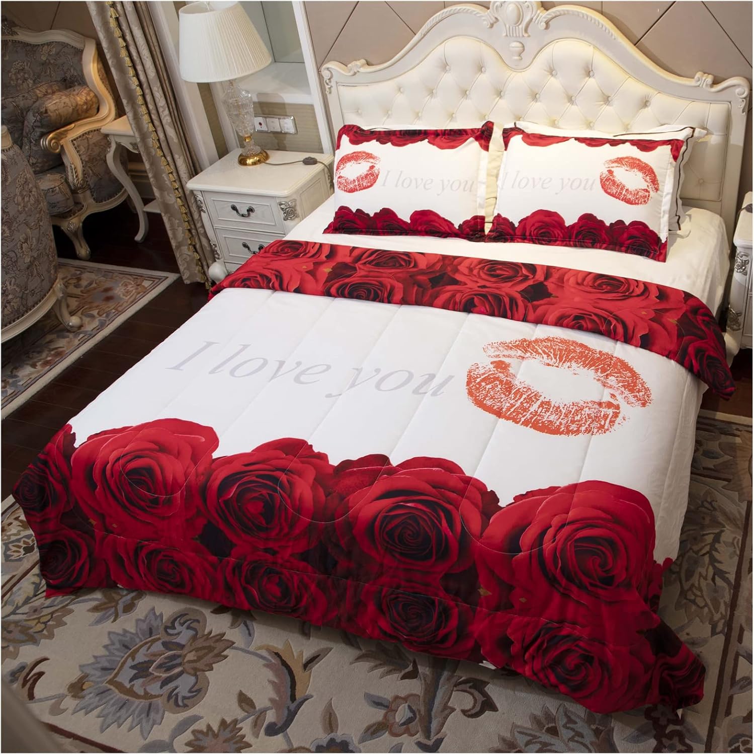 Juego de edredón 3D Queen  Juego de edredón con estampado de rosas rojas y blancas tamaño Queen, juego de ropa de cama con 2 fundas de almohada para