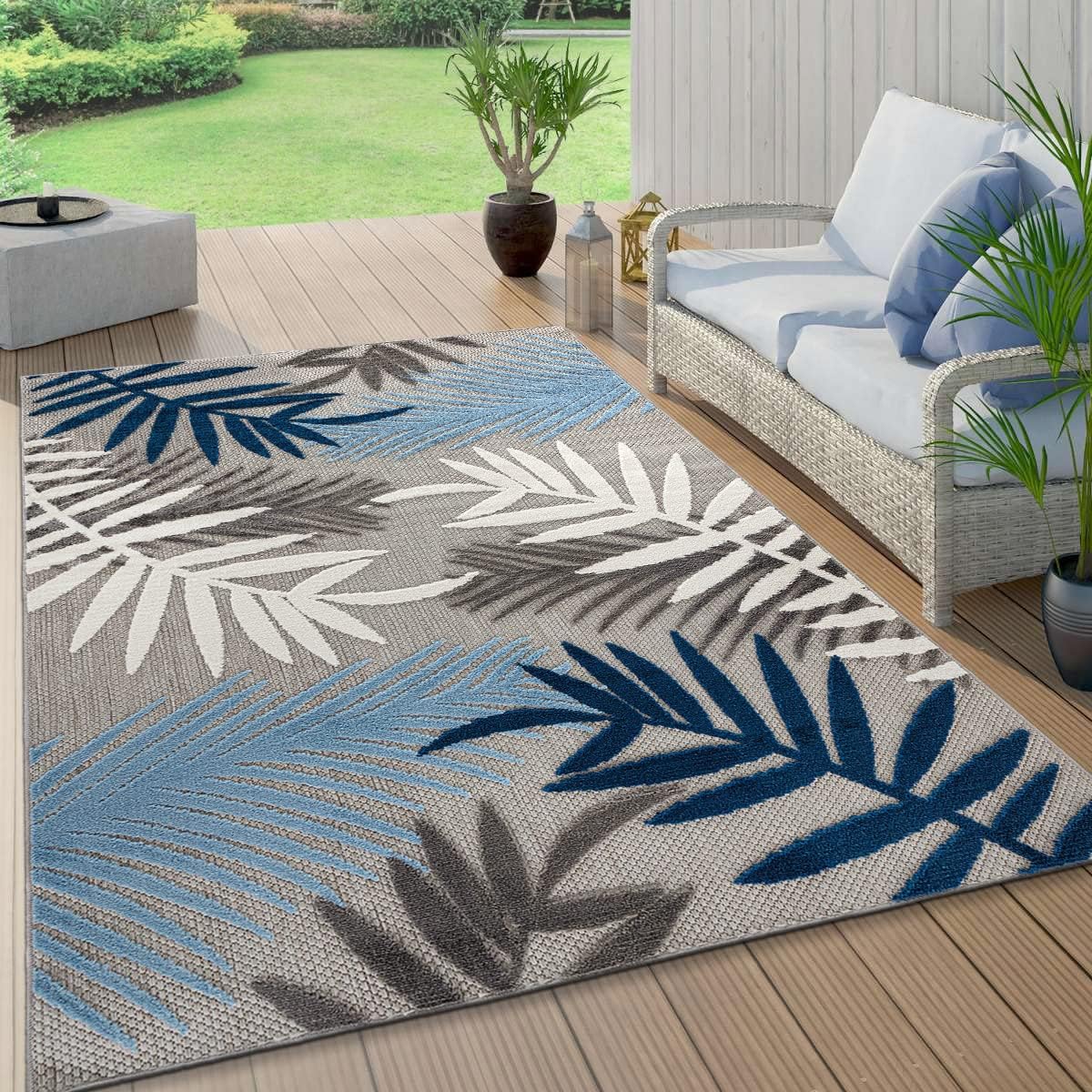 Rugshop Evora Palm Frond – Alfombra de área para patio, interior y exterior, no desprende pelusa, 5 x 7 pies, color azul