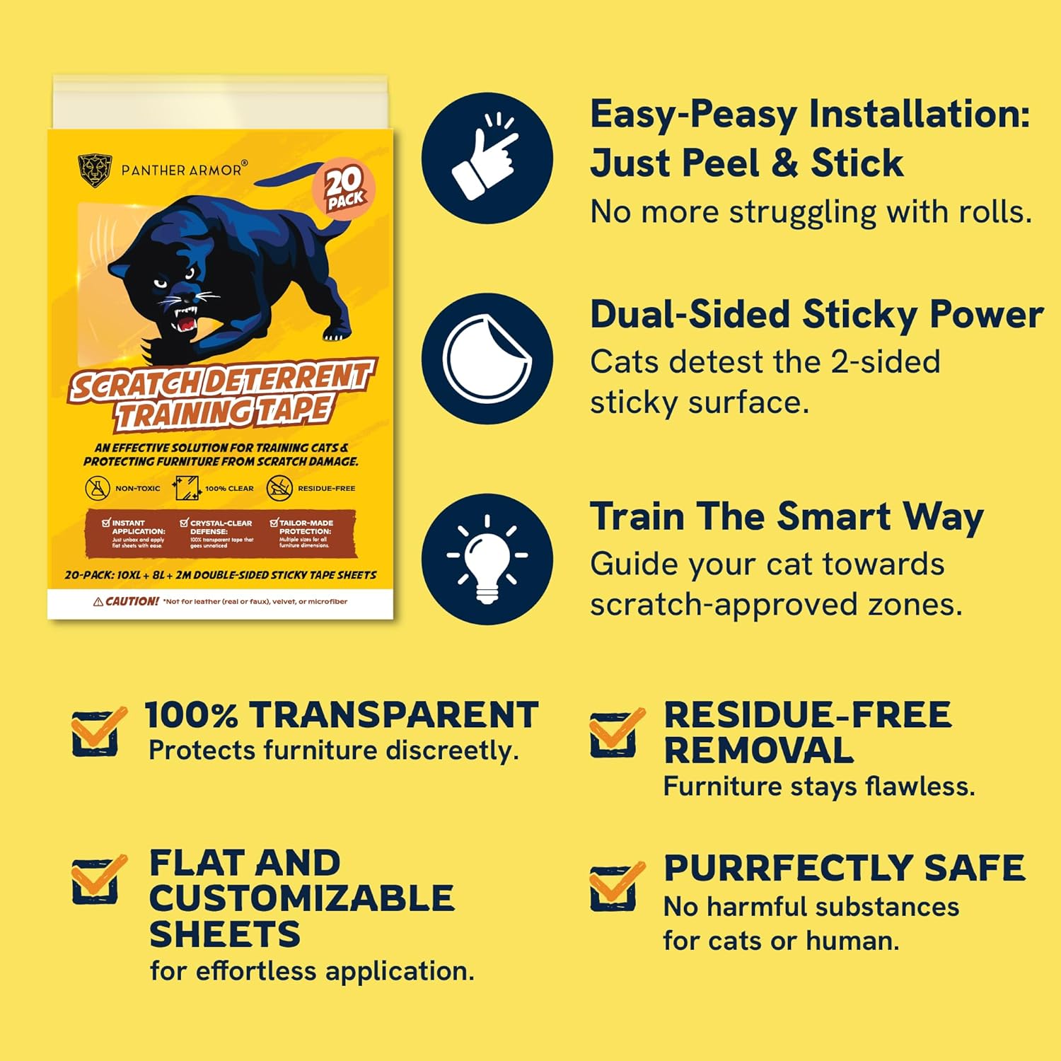 Panther Armor Paquete de 20 protectores de muebles antiarañazos, cinta disuasoria y de entrenamiento para gatos, cintas adhesivas de doble cara,