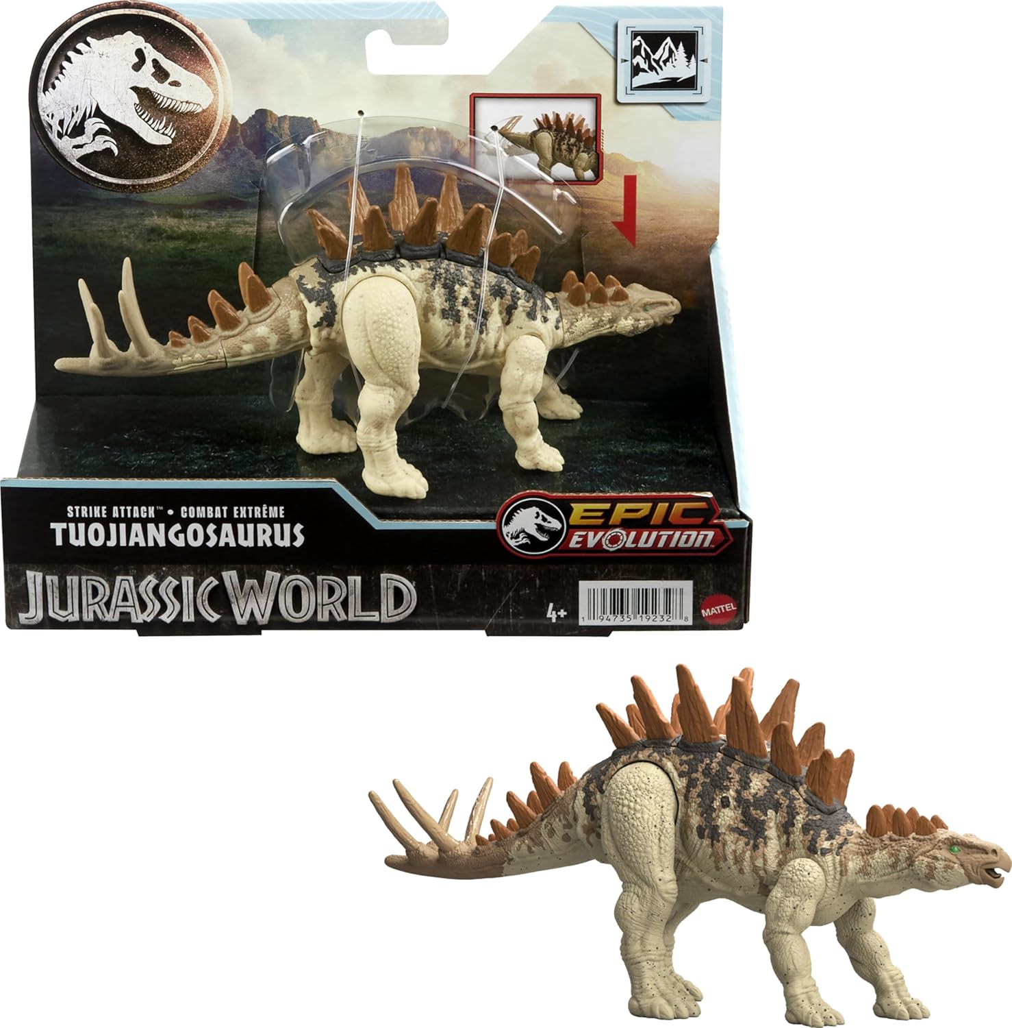 Mattel Jurassic World Strike Attack Tuojiangosaurus – Juguete de dinosaurio con acción de golpe único, articulaciones móviles, figura de acción con