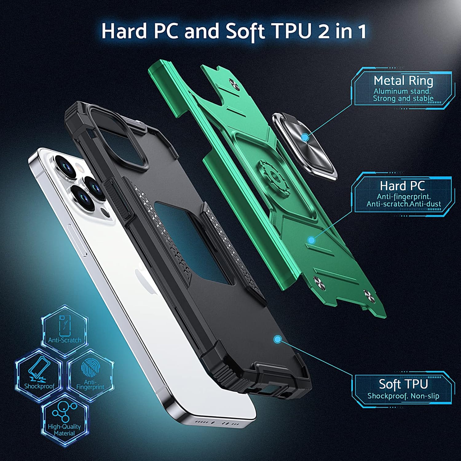 Anqrp Diseñada para iPhone 12 y iPhone 12 Pro, funda protectora de grado militar con anillo de metal mejorado soporte magnético compatible con