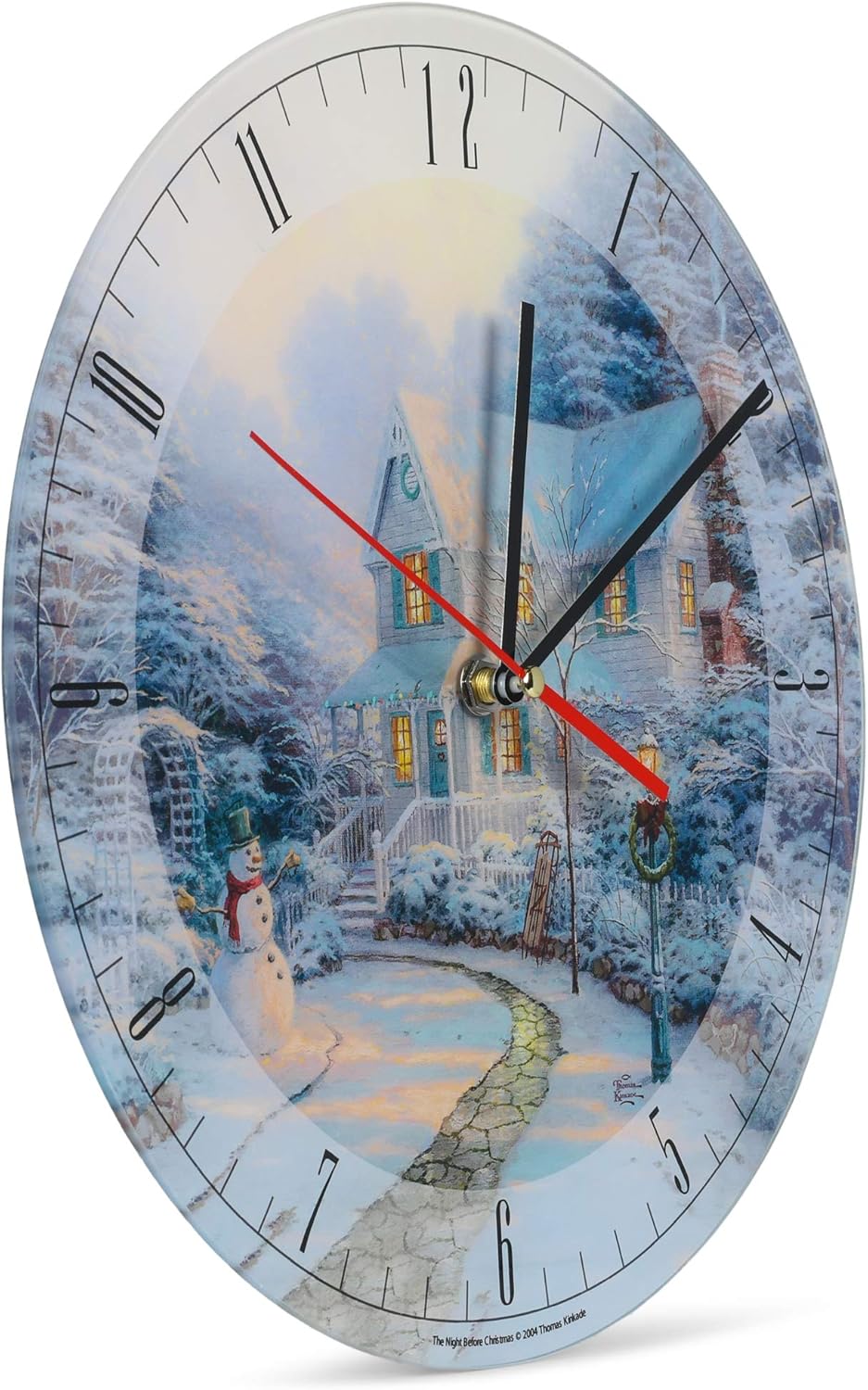 Mark Feldstein & Associates Night Before Thomas Kinkade Winter White – Reloj de pared redondo de cristal de 12 pulgadas