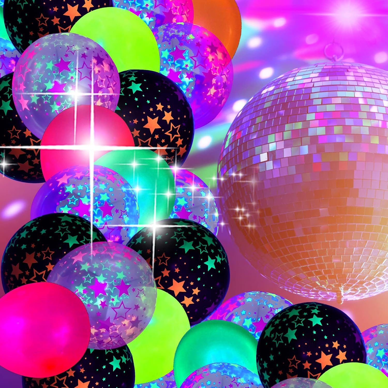 90 globos de neón UV, globos de fiesta con estrellas de neón, globos de luz negra UV que brillan en la oscuridad para decoraciones de cumpleaños,