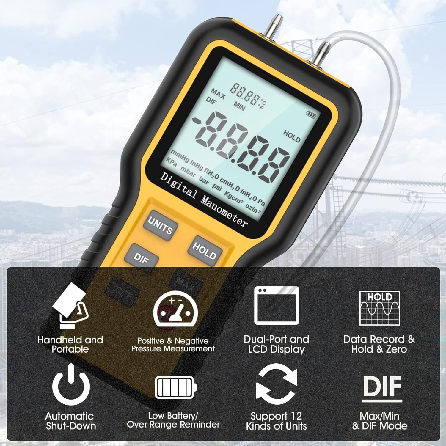 Manómetro, Medidor de presión de aire profesional, Probador de presión de gas de manómetro digital HVAC de doble puerto, 12 unidades seleccionables