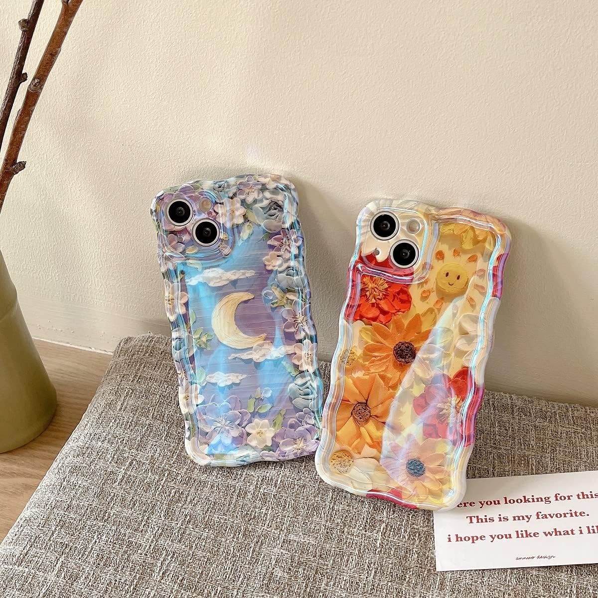 Funda para iPhone 13 Pro, lindo diseño de borde ondulado transparente IMD con flores de patán, duradera, a la moda, retro, de silicona, funda