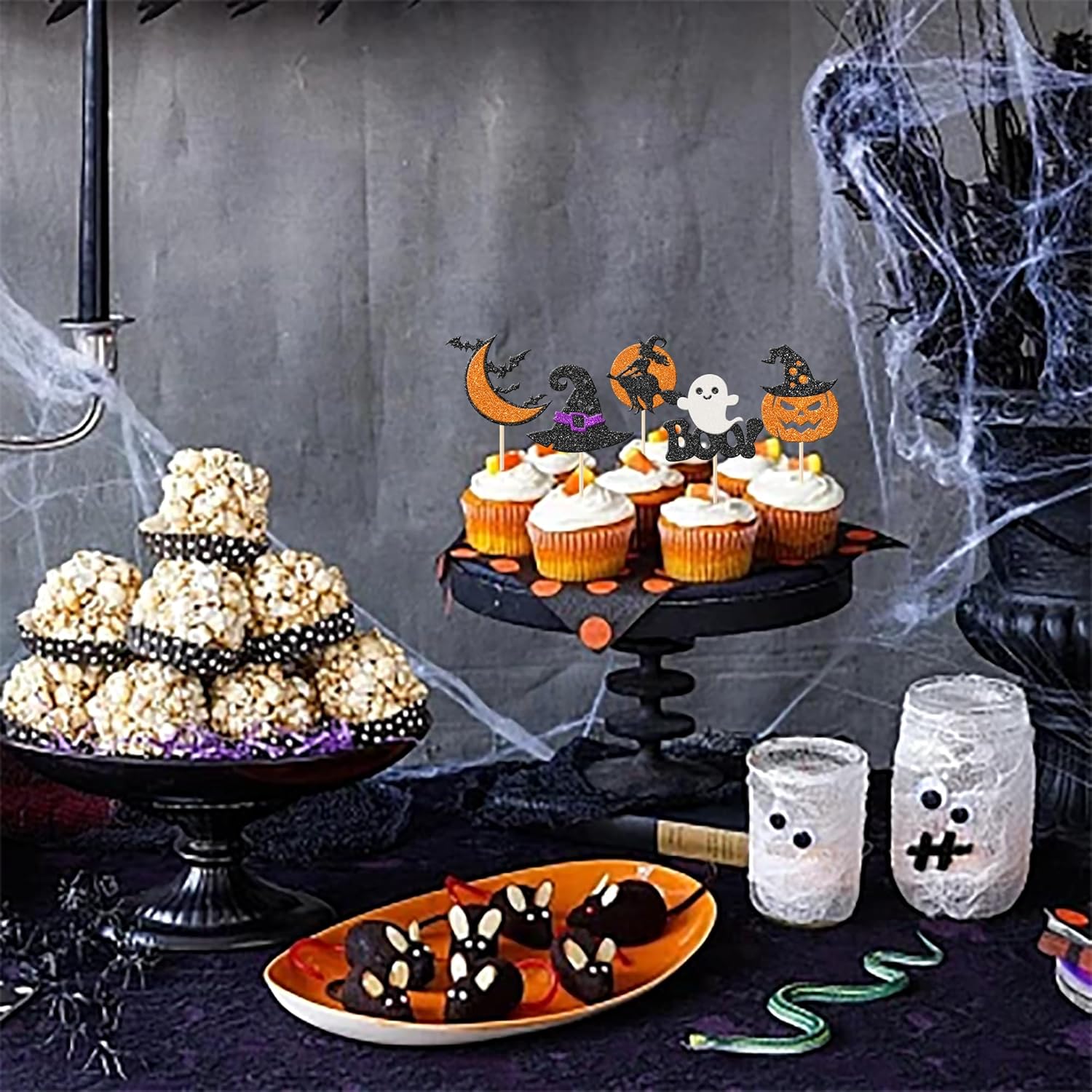 Rsstarxi Paquete de 30 adornos para cupcakes de fantasmas de Halloween con brillantina, murciélago, calabaza, fantasma, bruja, Halloween, cupcakes,