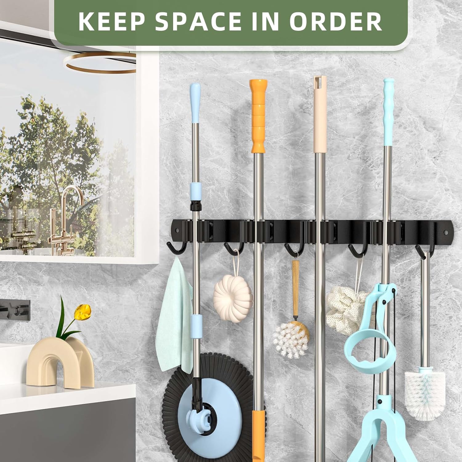 Batur Paquete de 2 soportes de pared para escobas, soporte de escoba mejorado, soporte de pared resistente para trapeador y escoba, súper