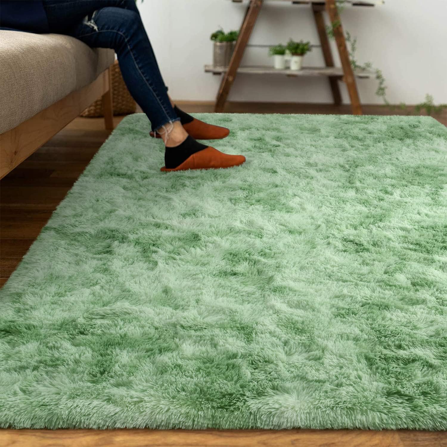 DweIke – Alfombras esponjosas para dormitorio, sala de estar, alfombras de interior de 4 x 6 pies, alfombras peludas teñidas anudadas, color verde