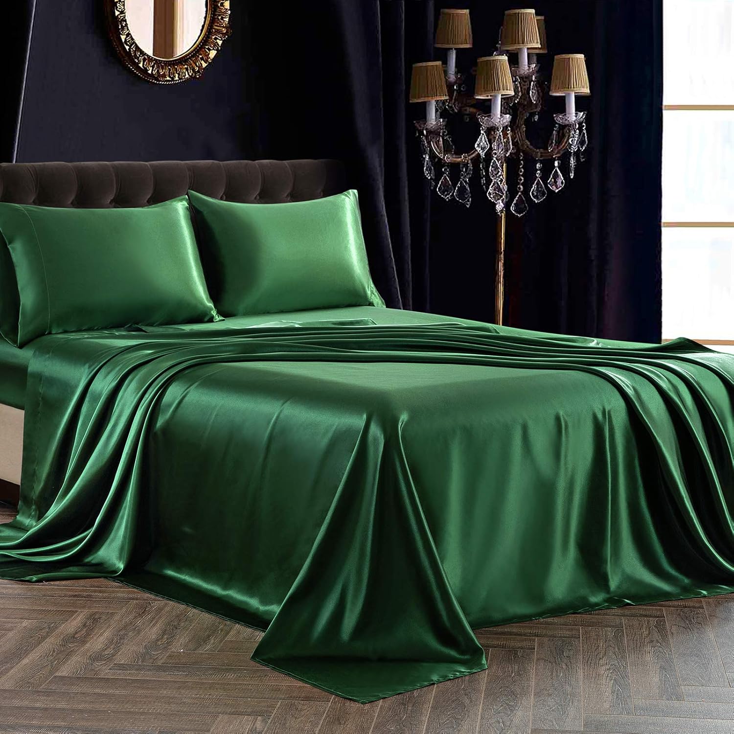 SiinvdaBZX Juego de sábanas de 3 piezas, tamaño individual XL, sábanas de satén sedoso verde esmeralda, juego de ropa de cama individual XL, sábanas